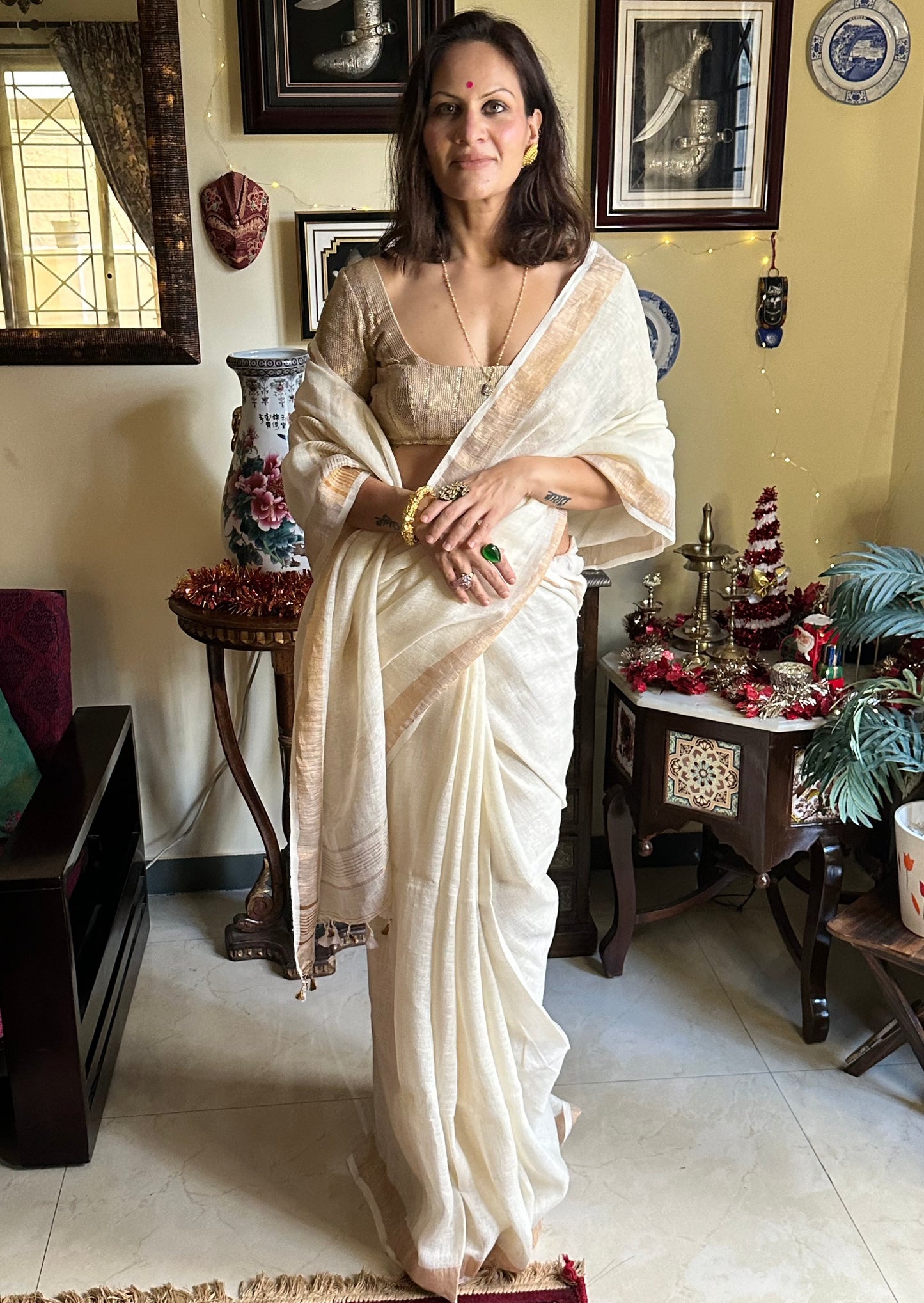 Pure Linen with Gold Motifs - Raahini