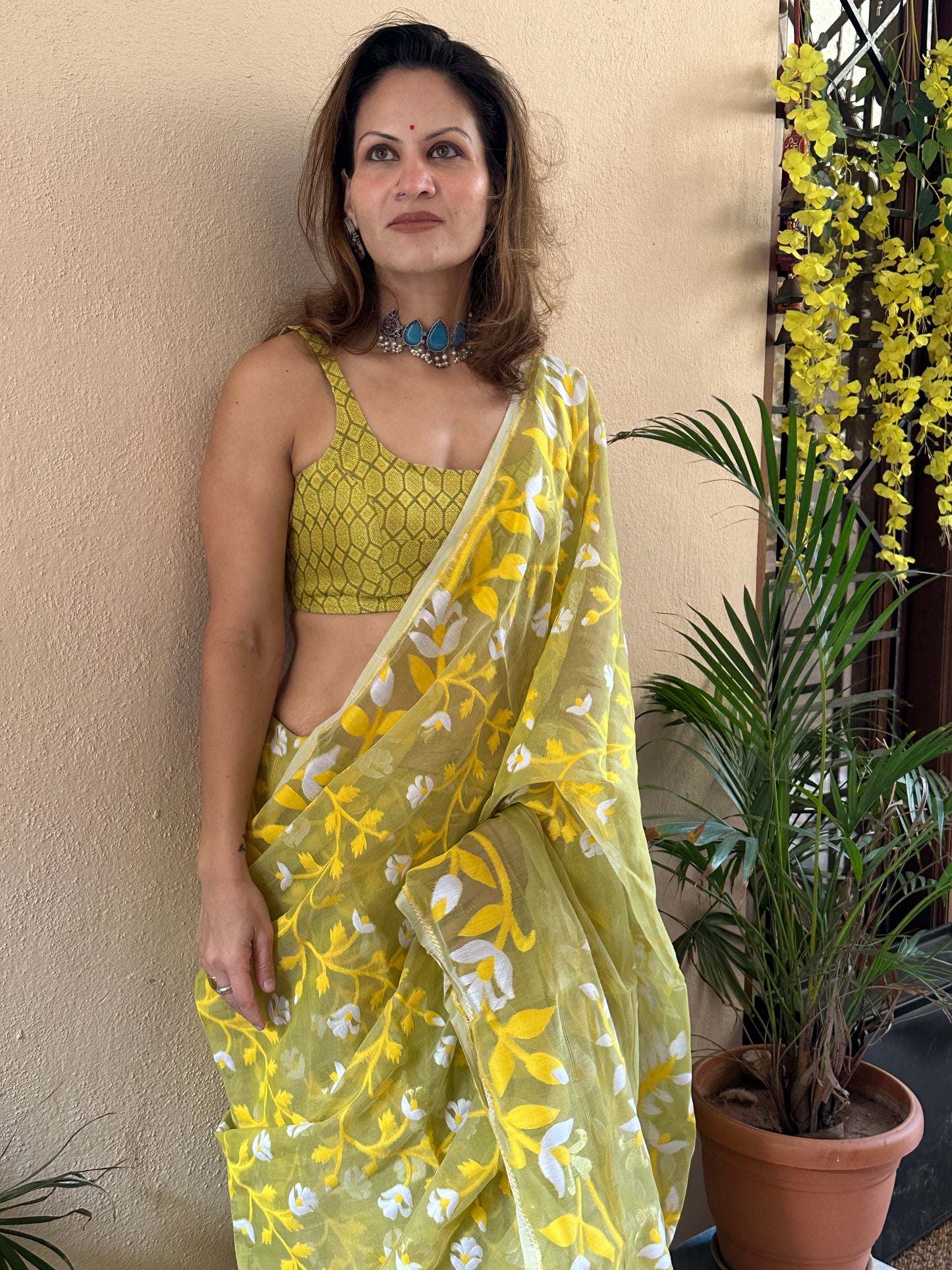 Yellowish Green Cotton Silk Jamdani Saree with Yellow Floral Design & Zari Work