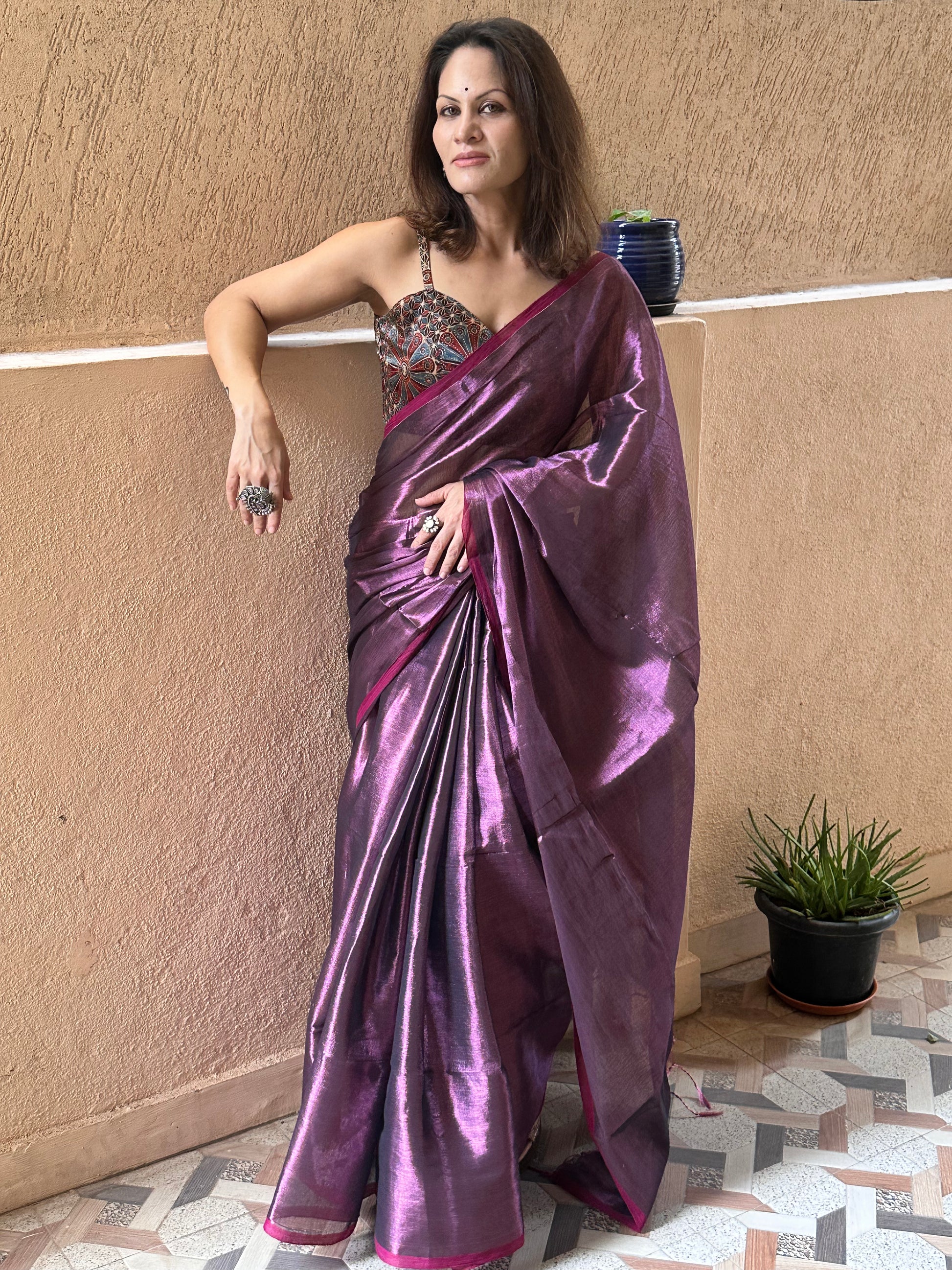 Purple Pure Mul Mul Handwoven Tissue Cotton Sari - Raahini