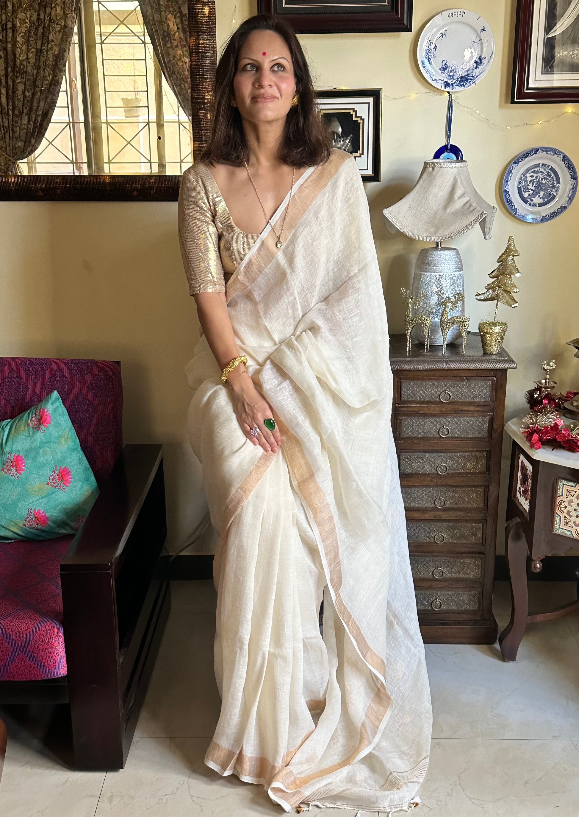 Pure Linen with Gold Motifs - Raahini