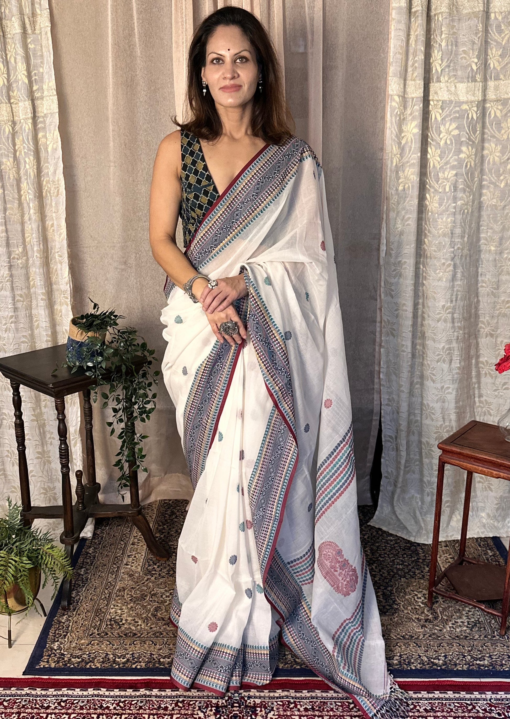 White Pure Cotton Baluchari Sari with Traditional Border, Butis, & Motifs - Raahini