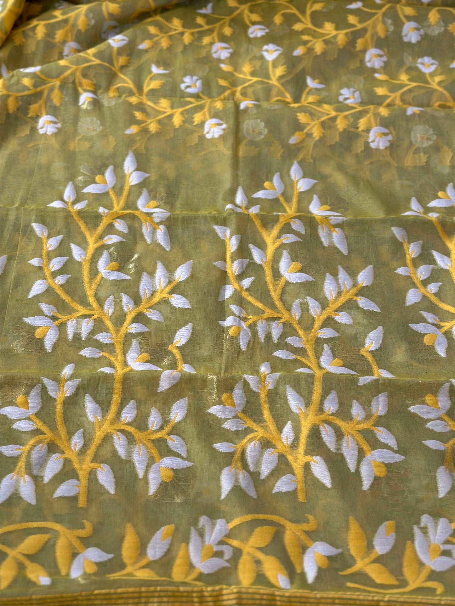 Yellowish Green Cotton Silk Jamdani Saree with Yellow Floral Design & Zari Work