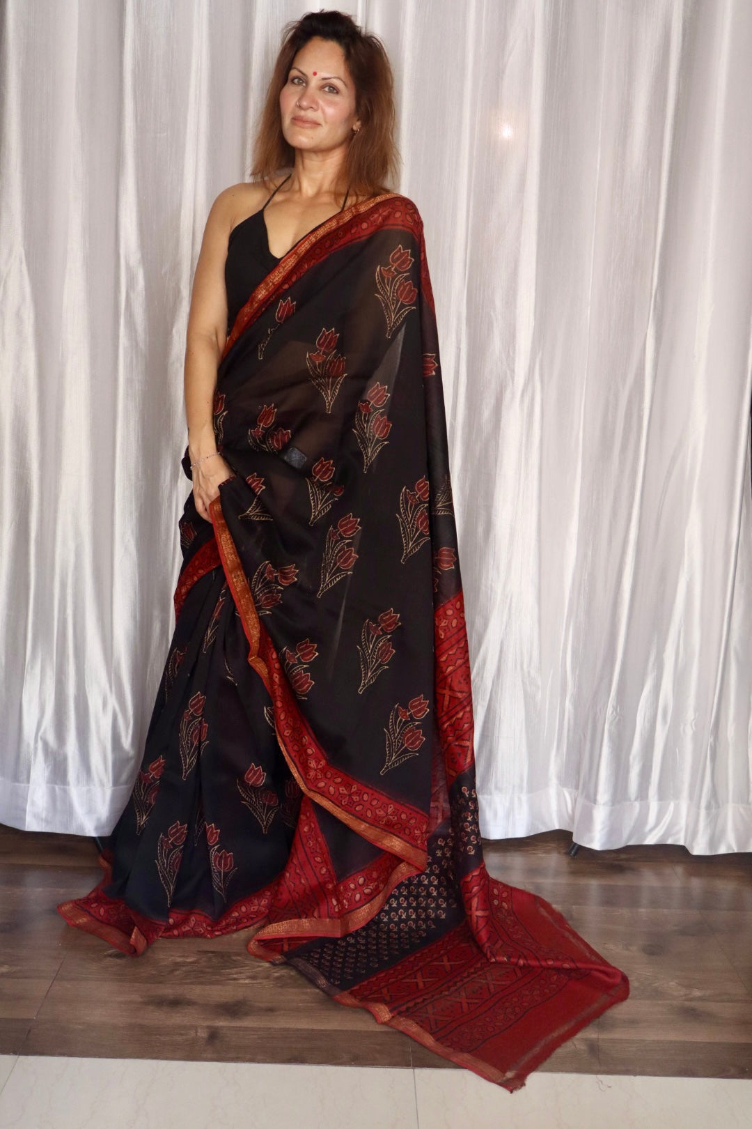 Black and Red Natural Vanaspati Block Print Maheshwari Sari with Zari Border