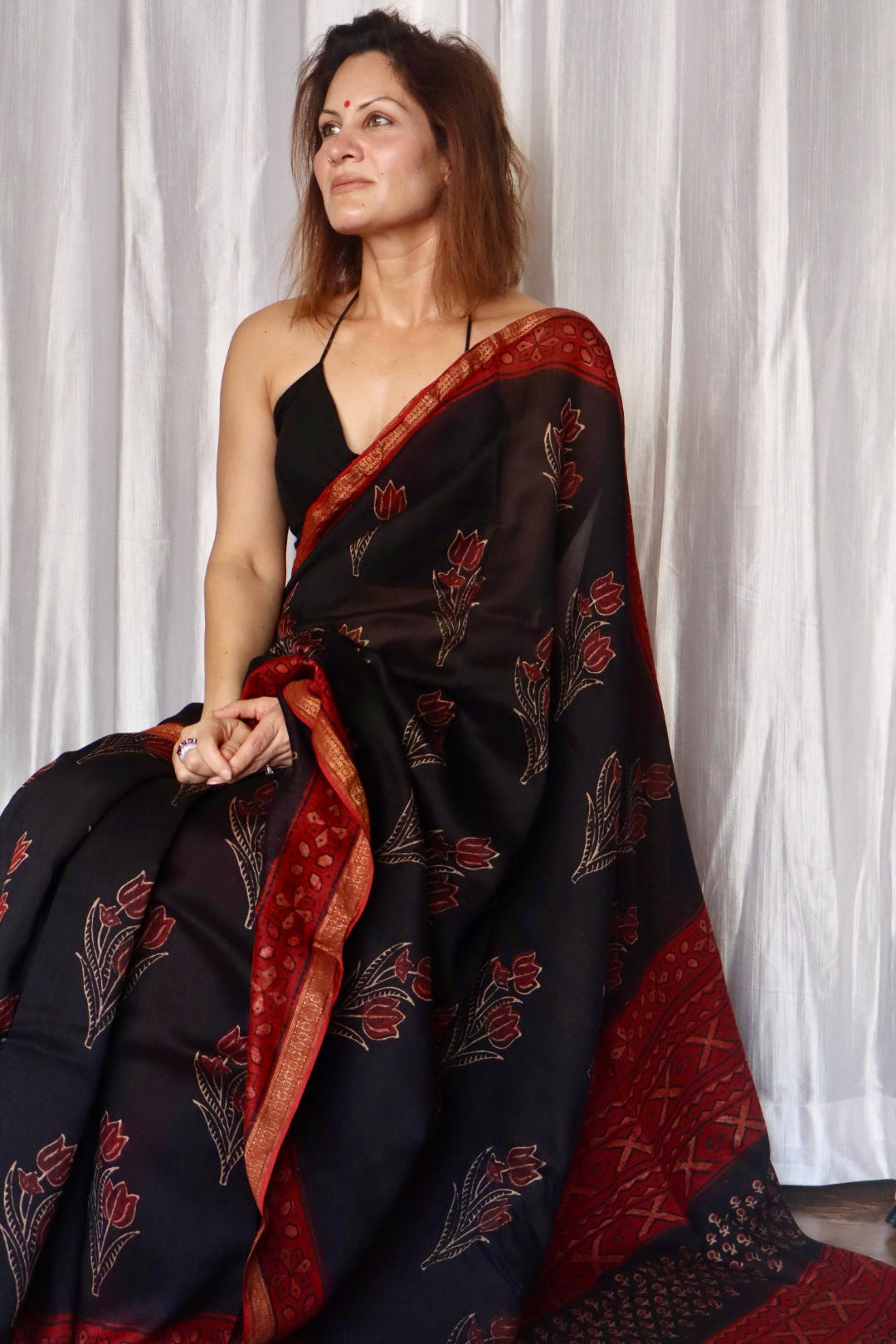 Black and Red Natural Vanaspati Block Print Maheshwari Sari with Zari Border