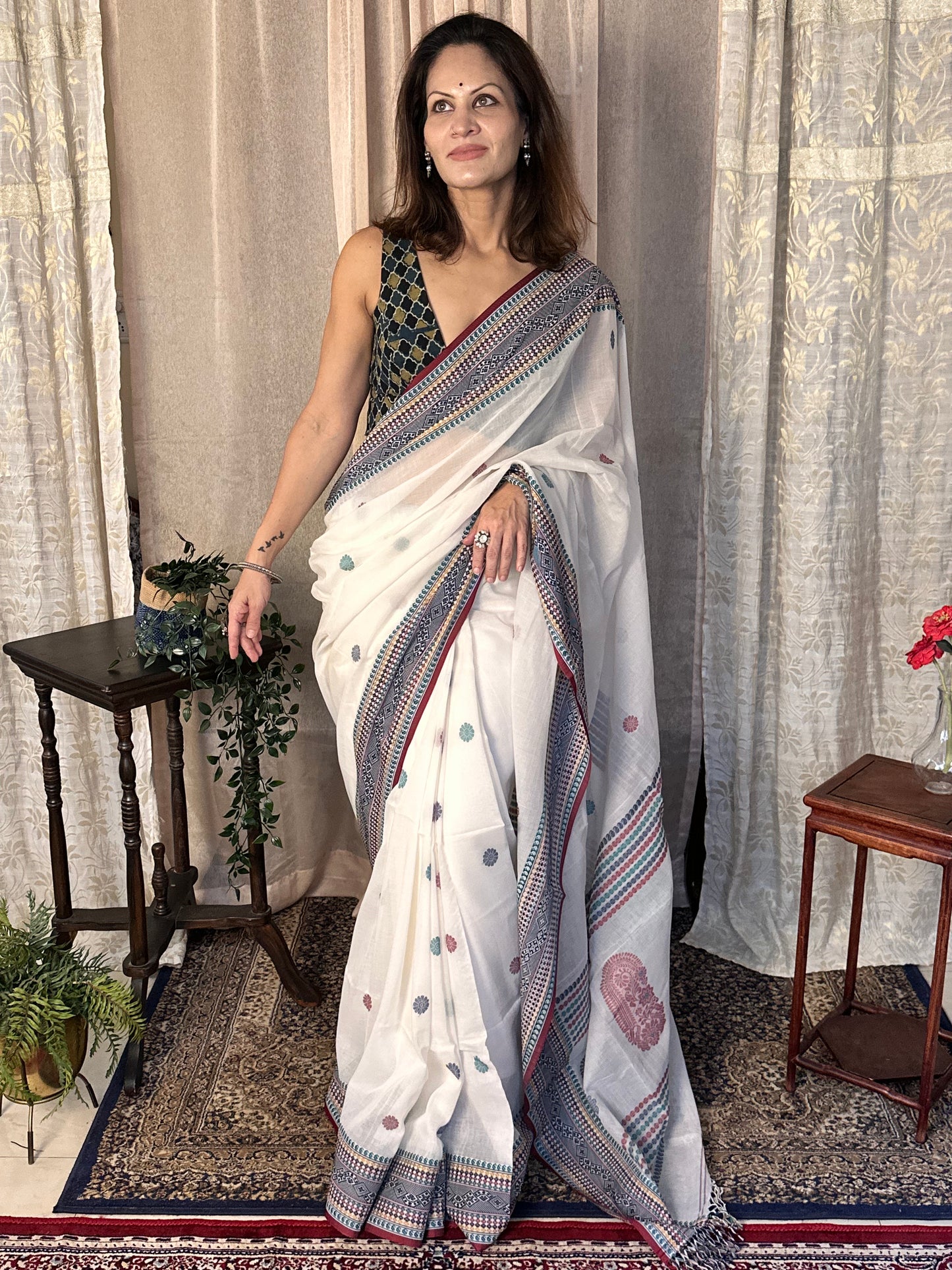 White Pure Cotton Baluchari Sari with Traditional Border, Butis, & Motifs - Raahini