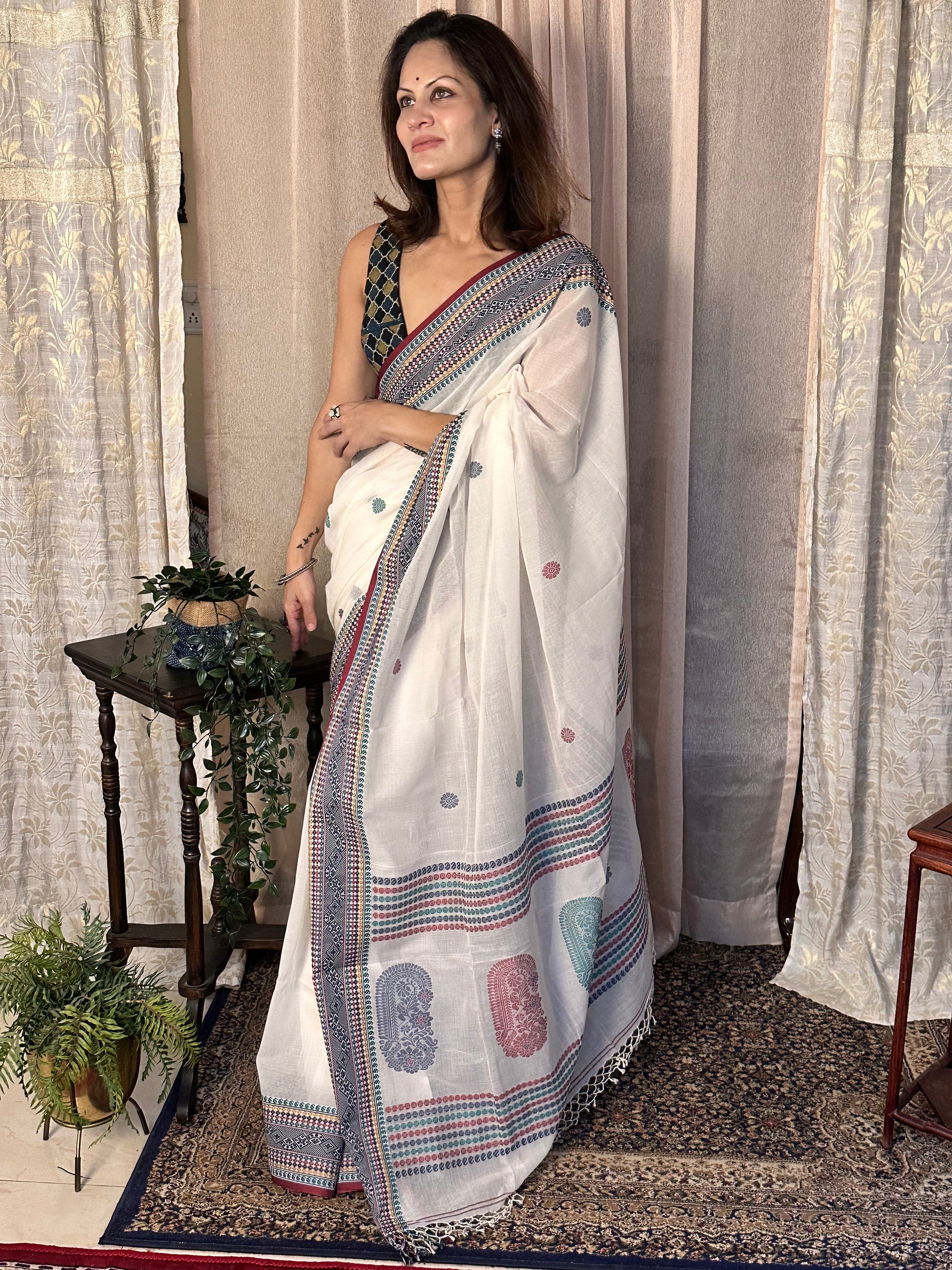 White Pure Cotton Baluchari Sari with Traditional Border, Butis, & Motifs - Raahini