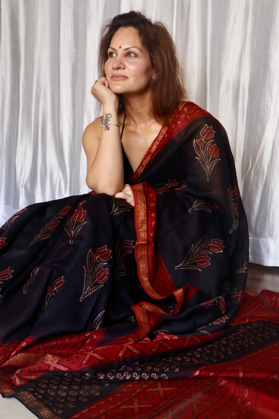 Black and Red Natural Vanaspati Block Print Maheshwari Sari with Zari Border