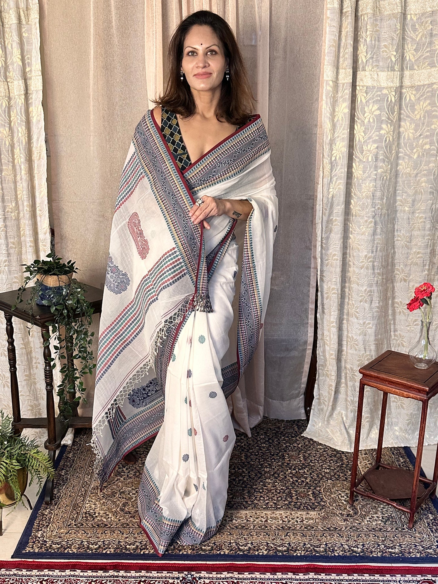 White Pure Cotton Baluchari Sari with Traditional Border, Butis, & Motifs - Raahini