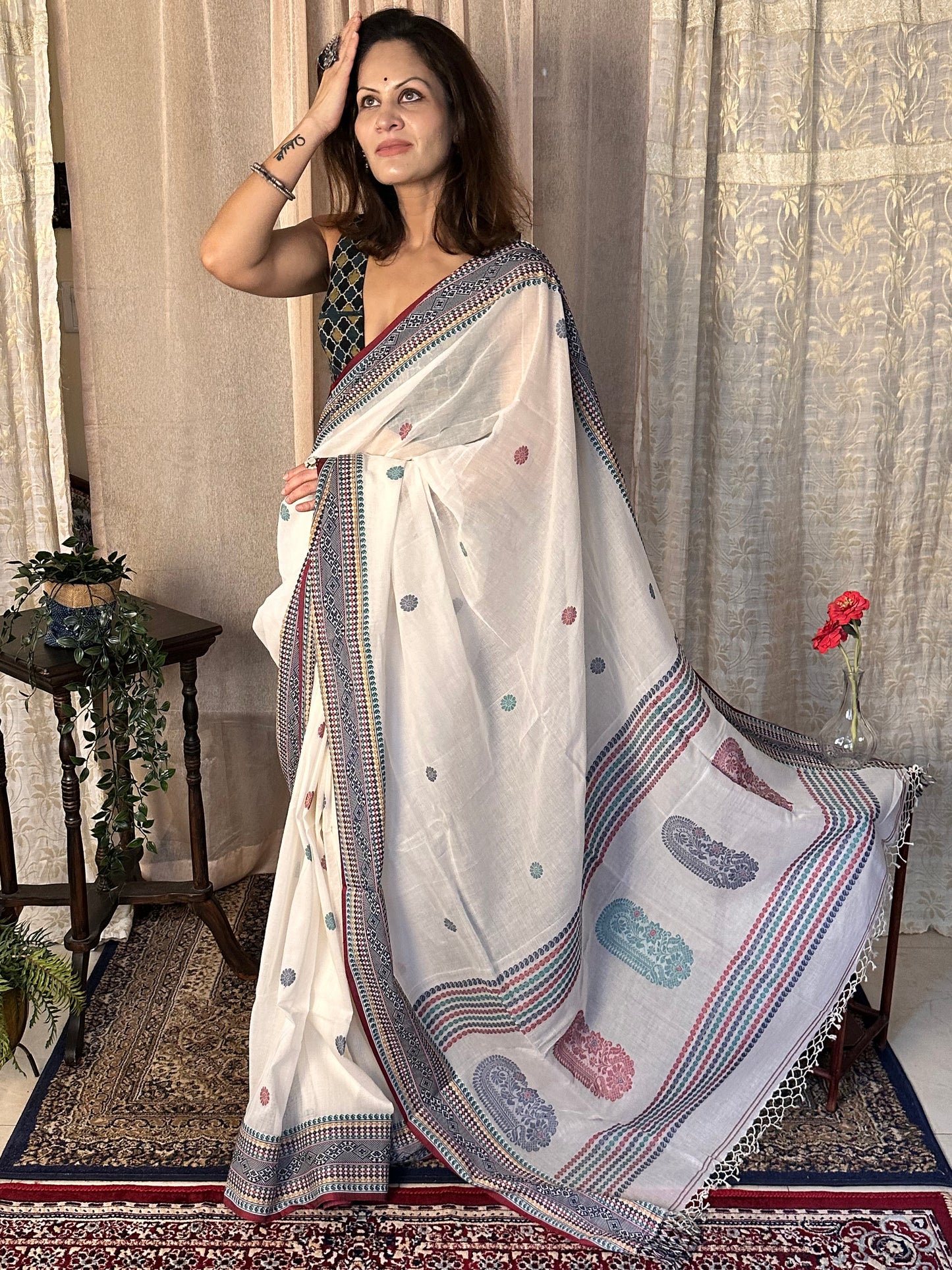 White Pure Cotton Baluchari Sari with Traditional Border, Butis, & Motifs - Raahini