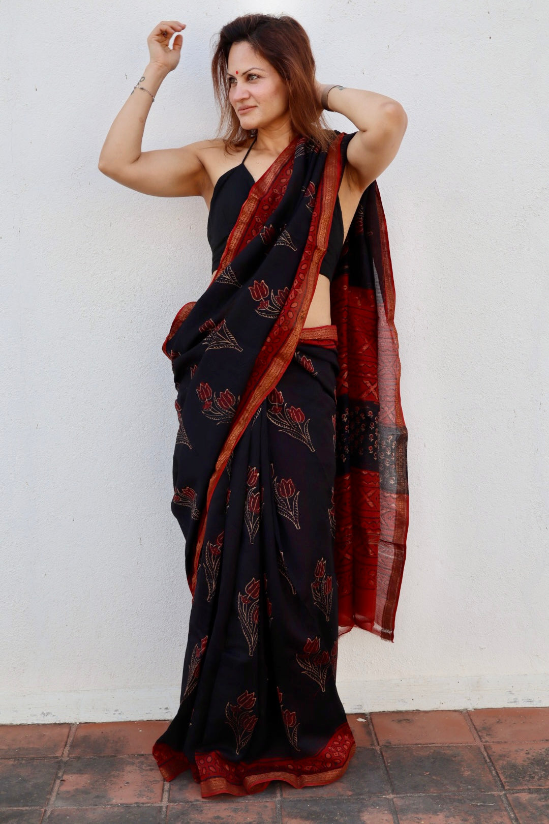 Black and Red Natural Vanaspati Block Print Maheshwari Sari with Zari Border