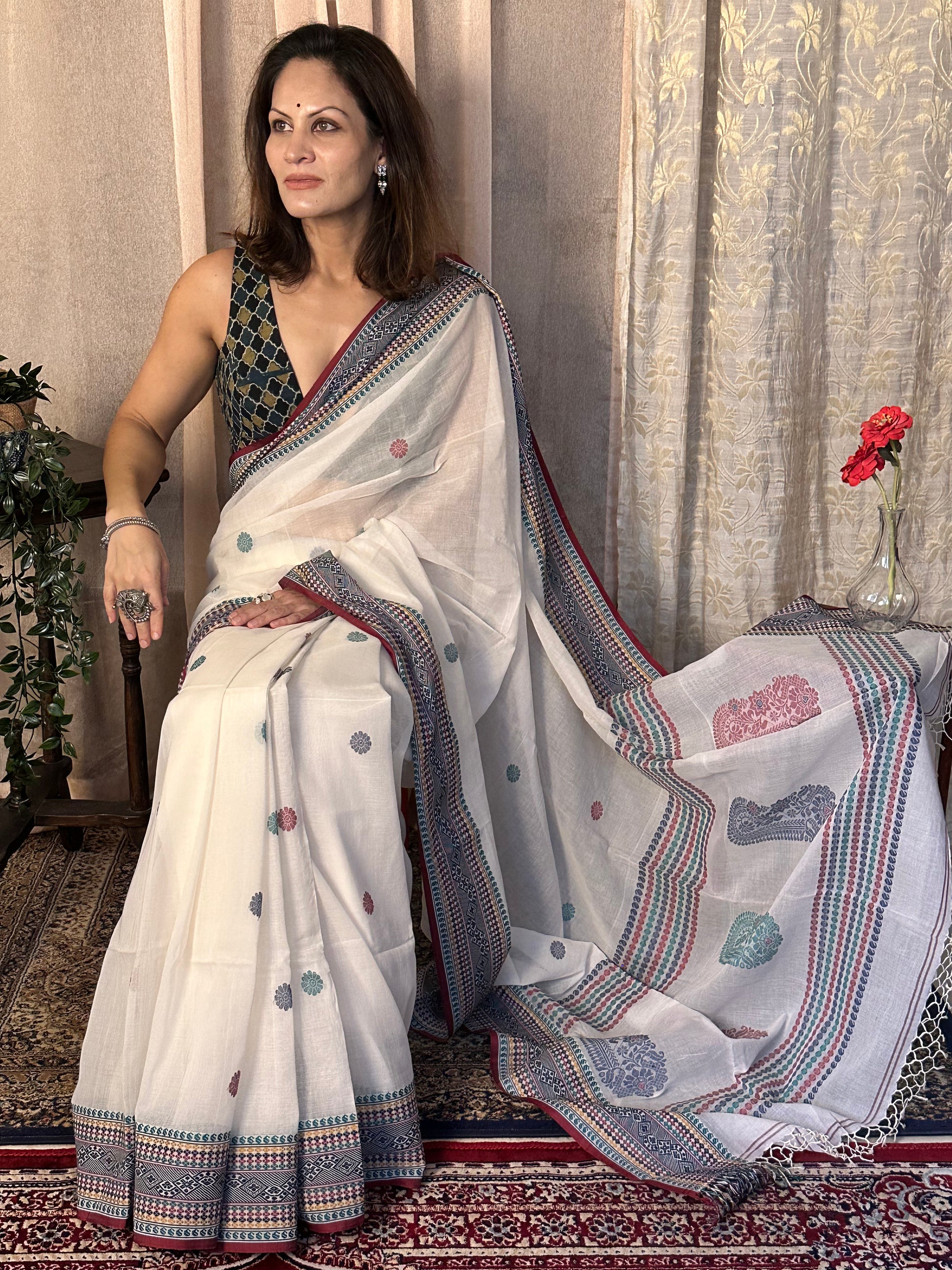 White Pure Cotton Baluchari Sari with Traditional Border, Butis, & Motifs - Raahini