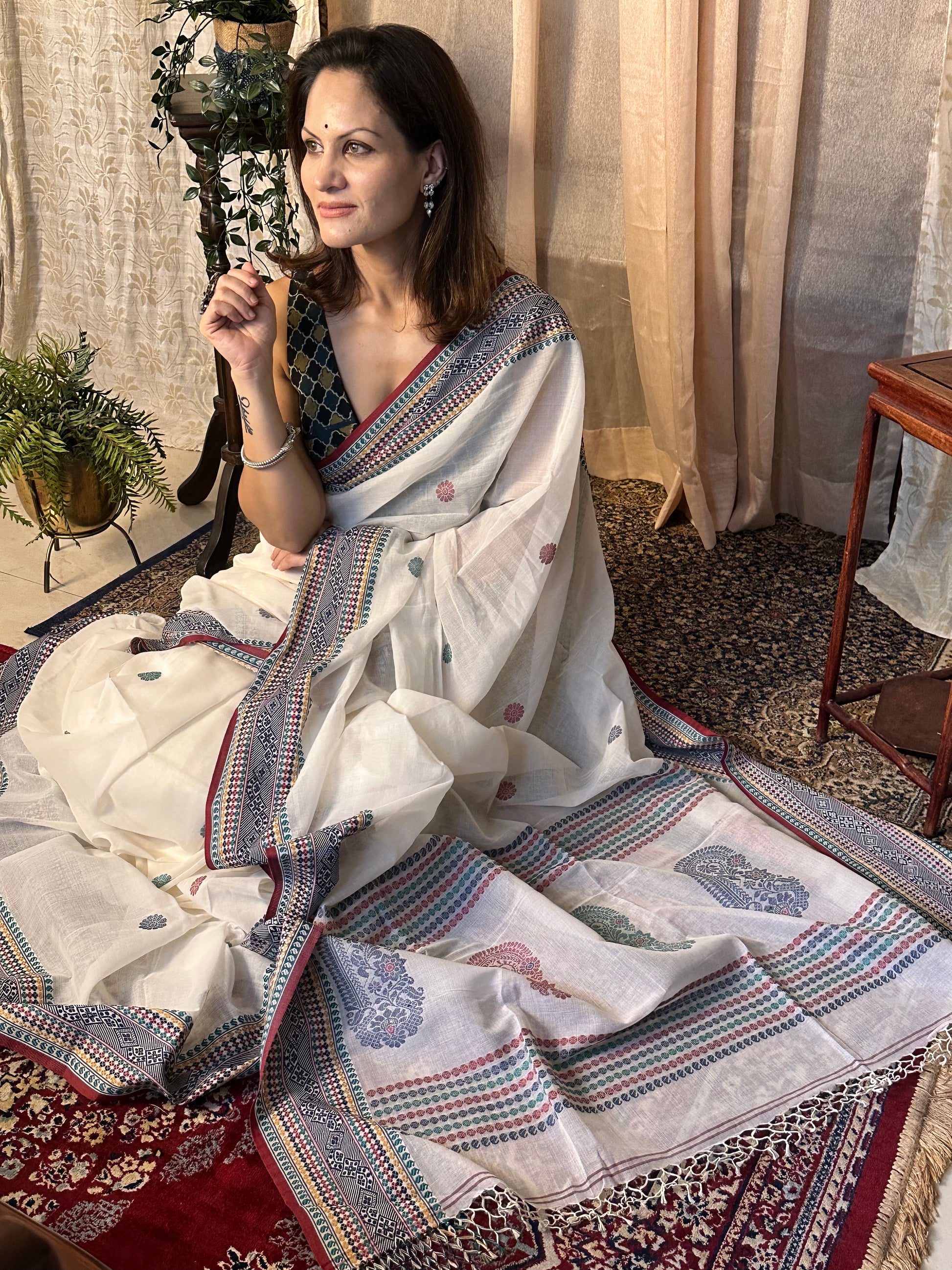 White Pure Cotton Baluchari Sari with Traditional Border, Butis, & Motifs - Raahini