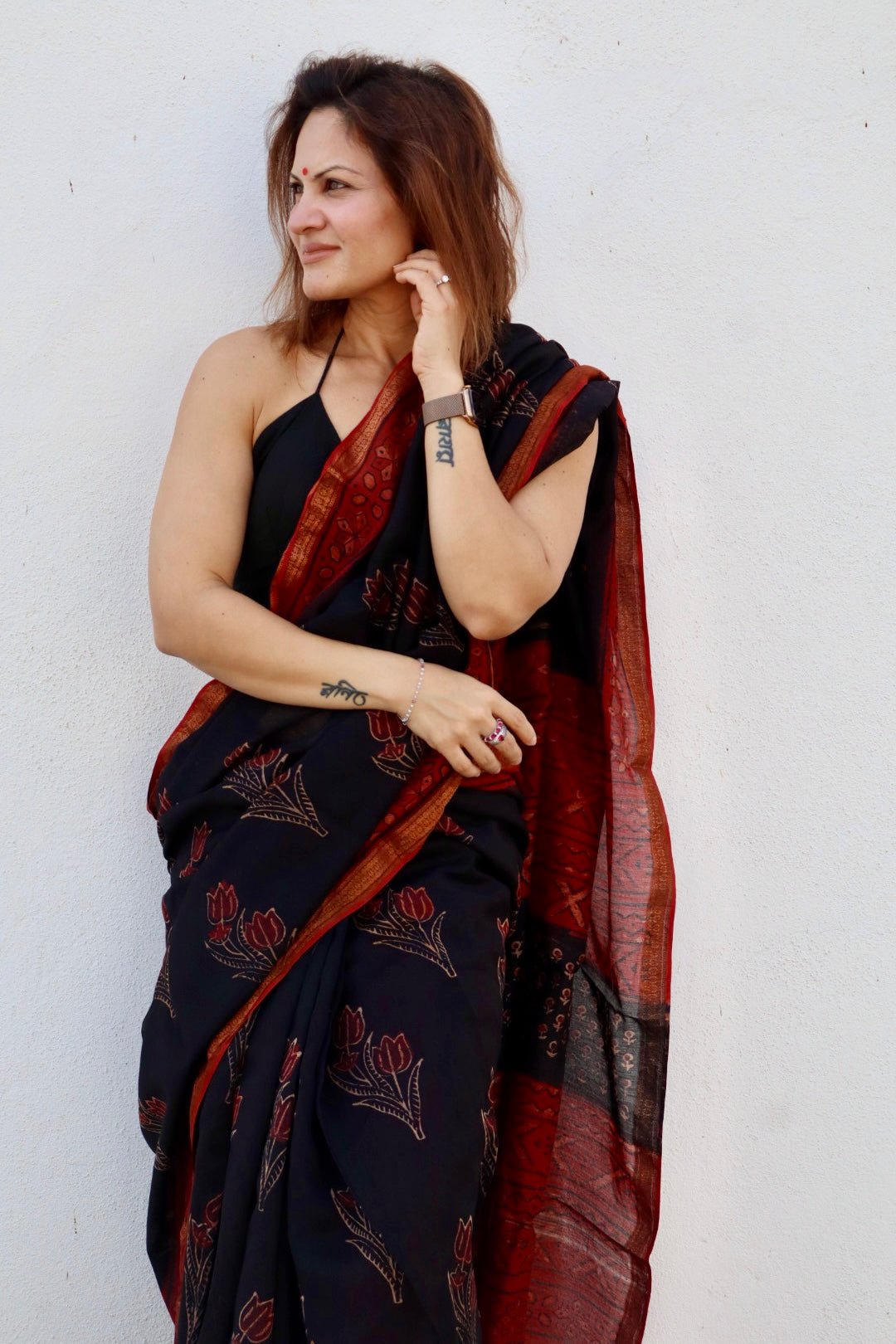 Black and Red Natural Vanaspati Block Print Maheshwari Sari with Zari Border
