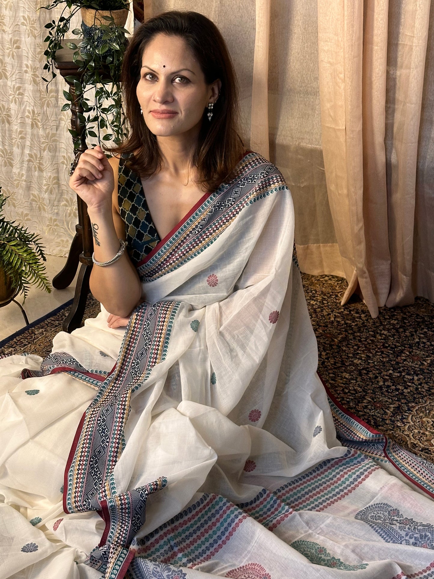 White Pure Cotton Baluchari Sari with Traditional Border, Butis, & Motifs - Raahini