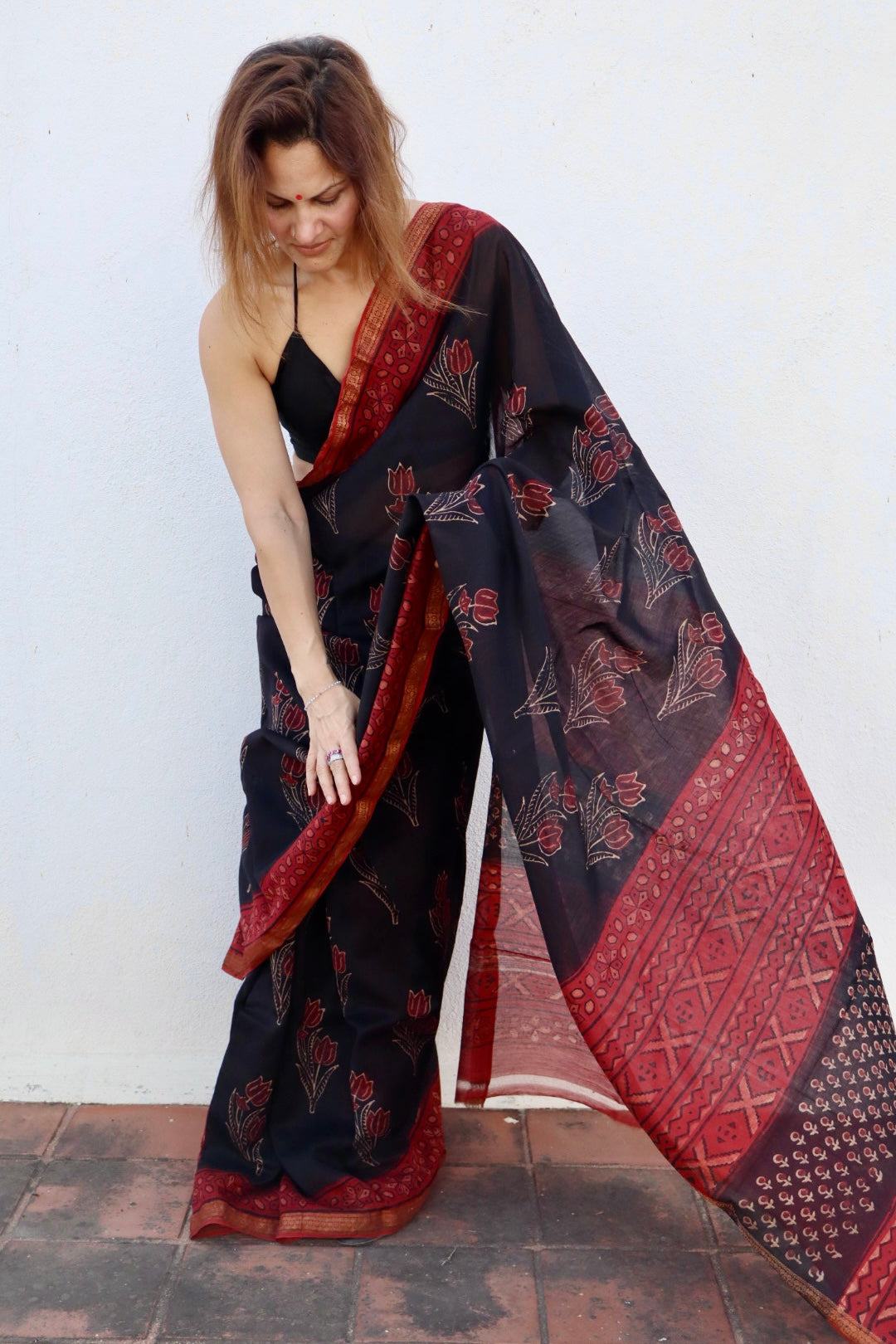 Black and Red Natural Vanaspati Block Print Maheshwari Sari with Zari Border