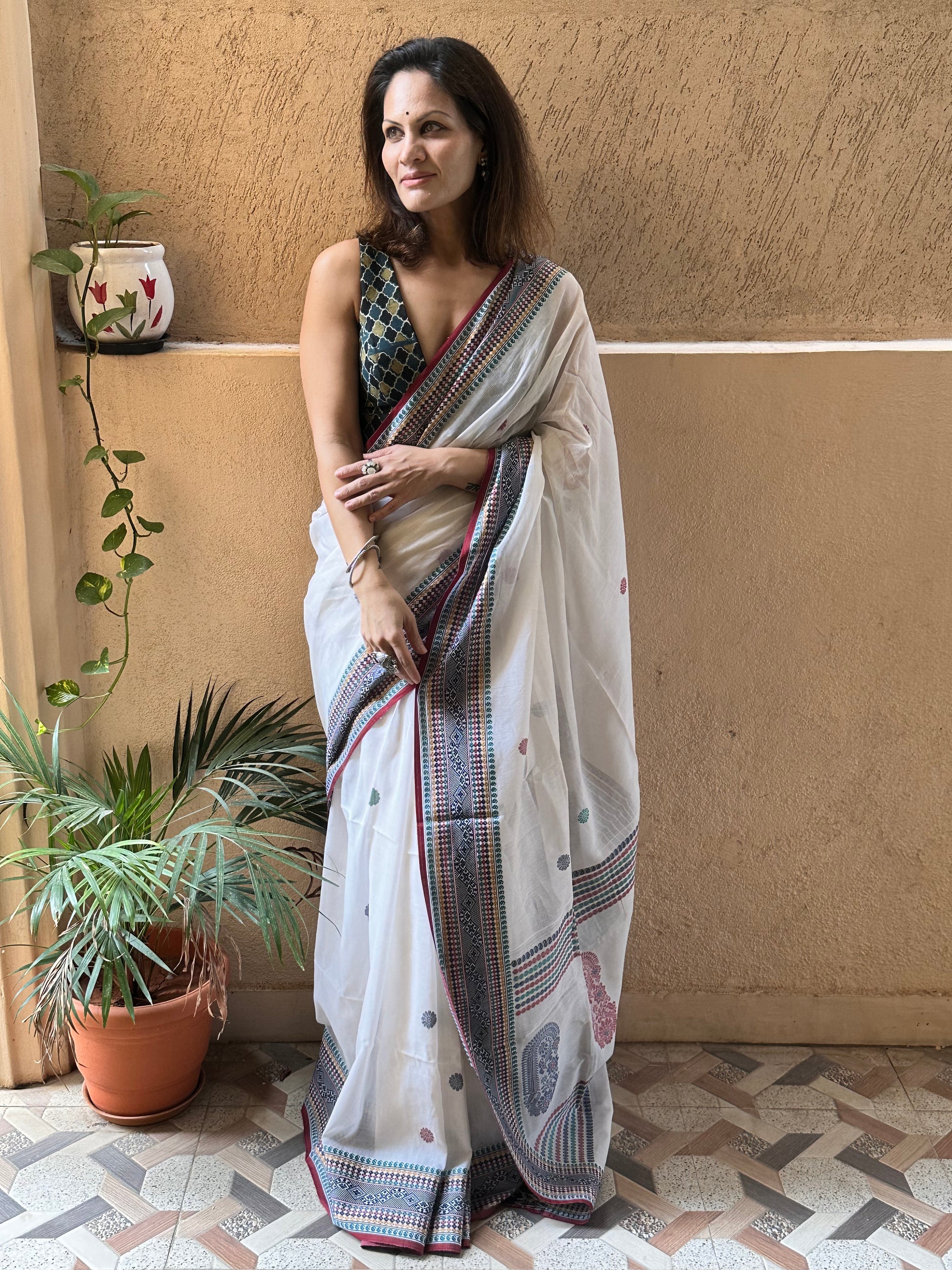 White Pure Cotton Baluchari Sari with Traditional Border, Butis, & Motifs - Raahini