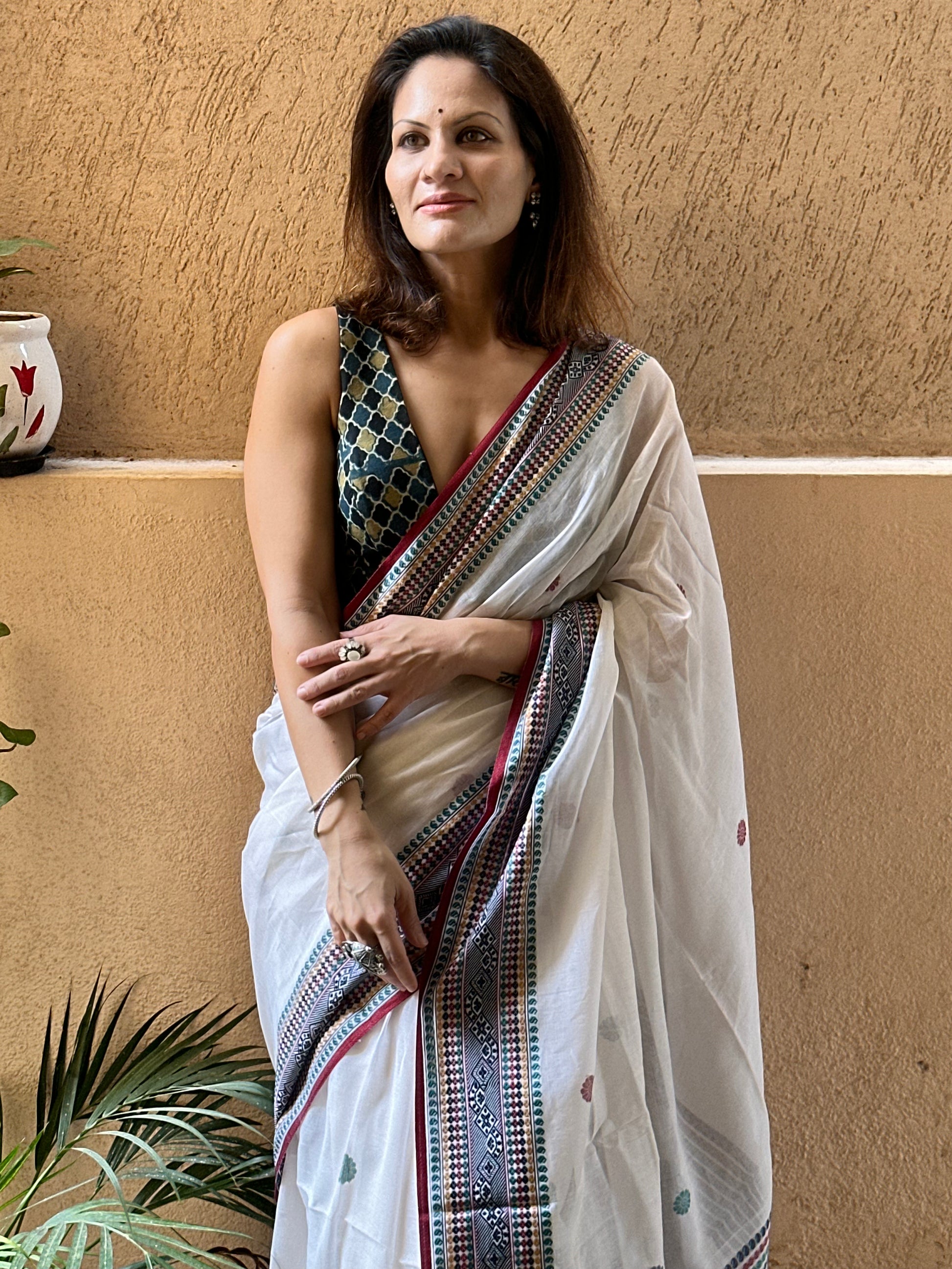 White Pure Cotton Baluchari Sari with Traditional Border, Butis, & Motifs - Raahini