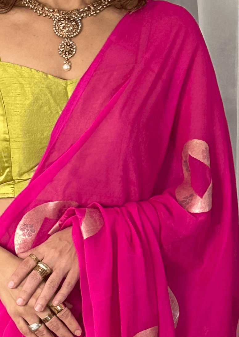 Pink Pure Chiffon Khaddi Banarasi Sari with Meena Weaving & Full Gold Zari Woven Pallu