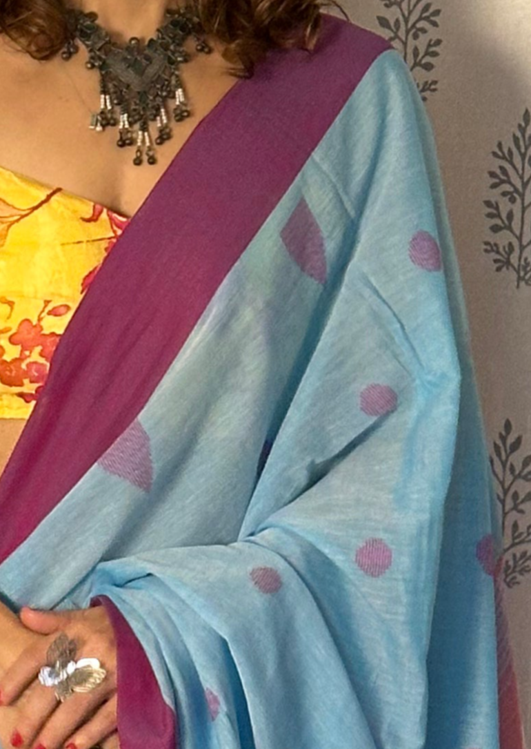 Blue Handloom Pure Cotton Jamdani Sari with Woven Delicate Motifs & Contrast Pink Border & Pallu