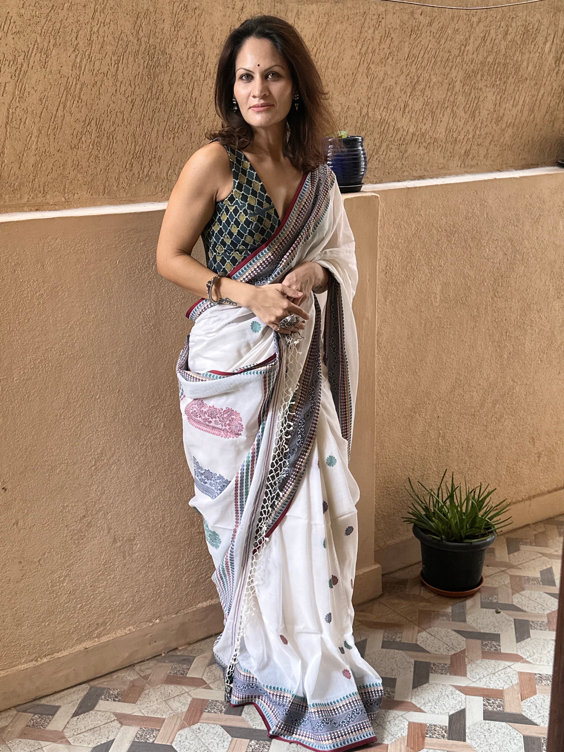 White Pure Cotton Baluchari Sari with Traditional Border, Butis, & Motifs - Raahini