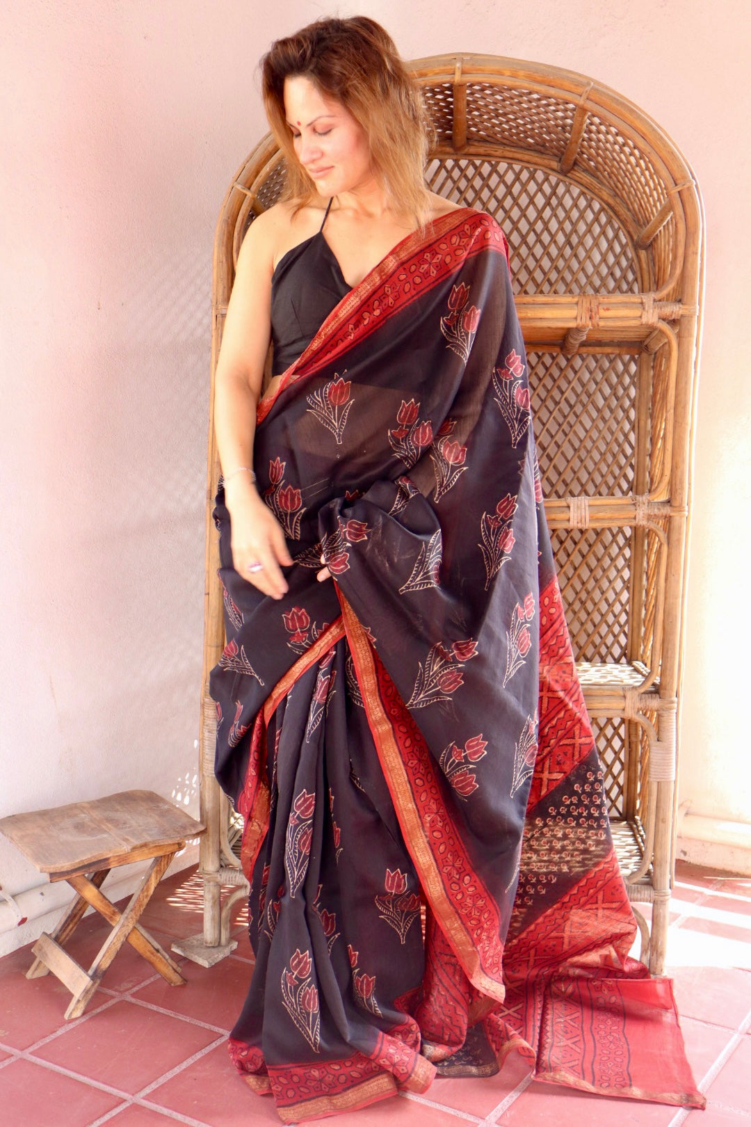 Black and Red Natural Vanaspati Block Print Maheshwari Sari with Zari Border