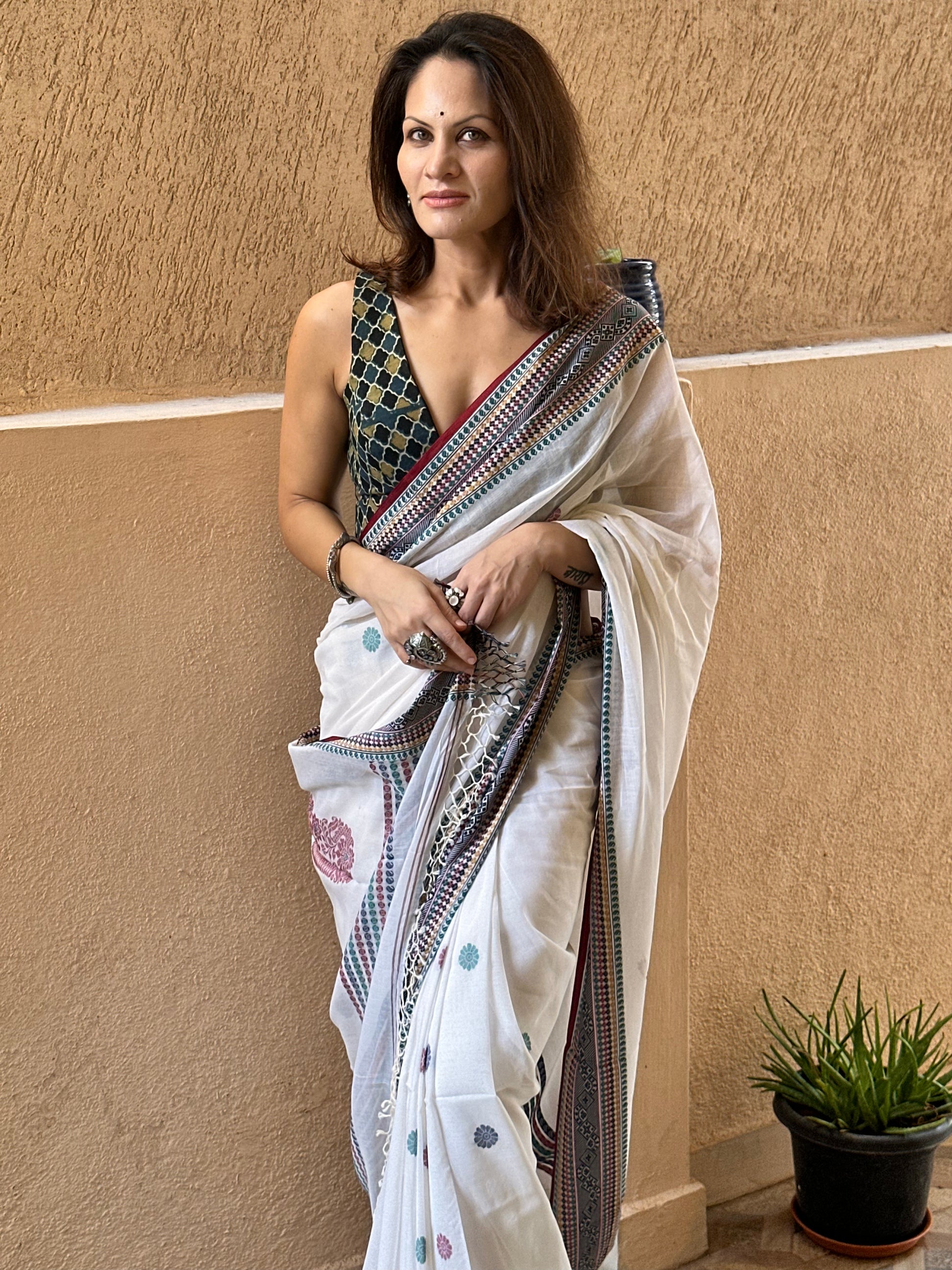 White Pure Cotton Baluchari Sari with Traditional Border, Butis, & Motifs - Raahini