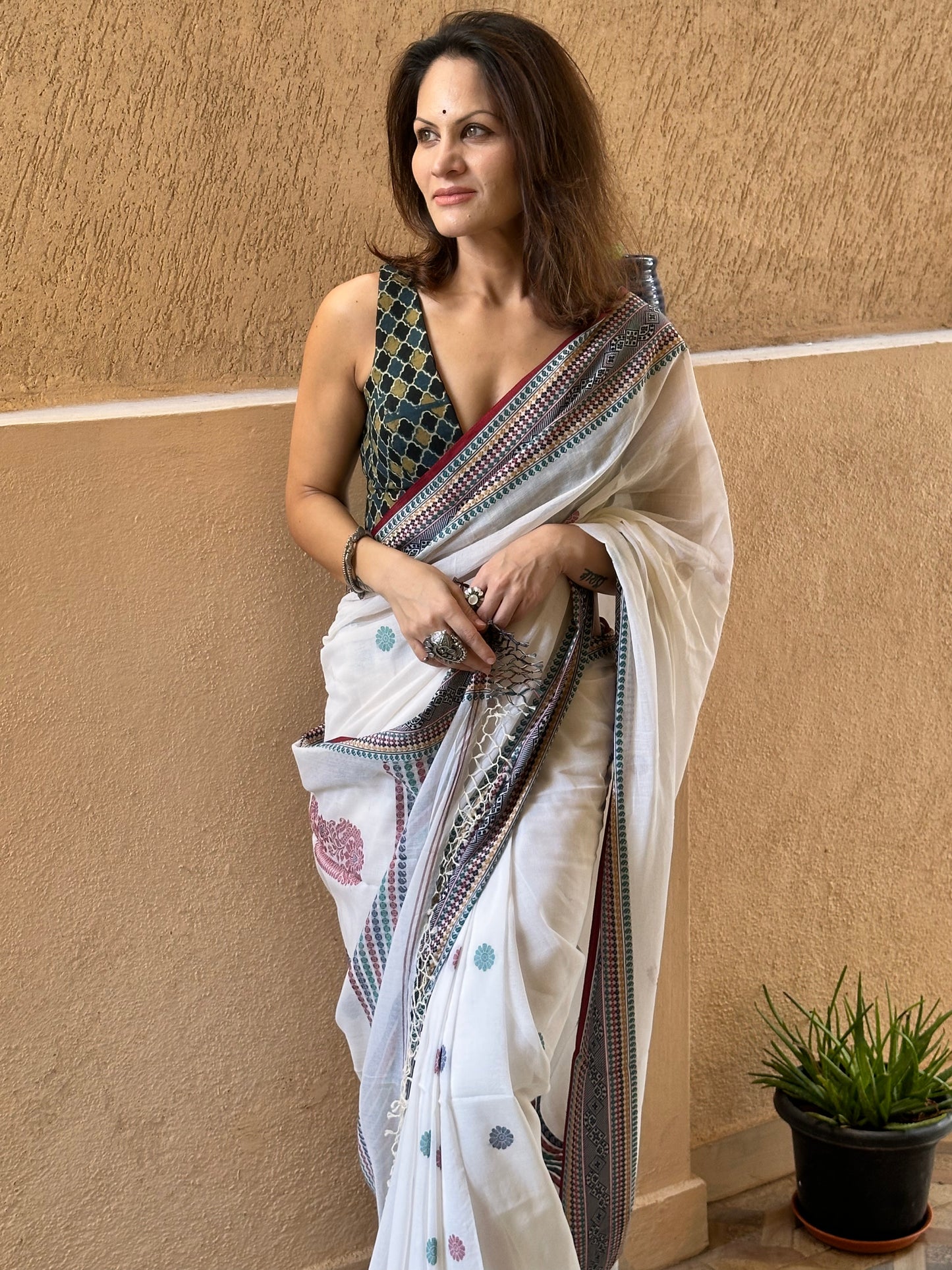 White Pure Cotton Baluchari Sari with Traditional Border, Butis, & Motifs - Raahini