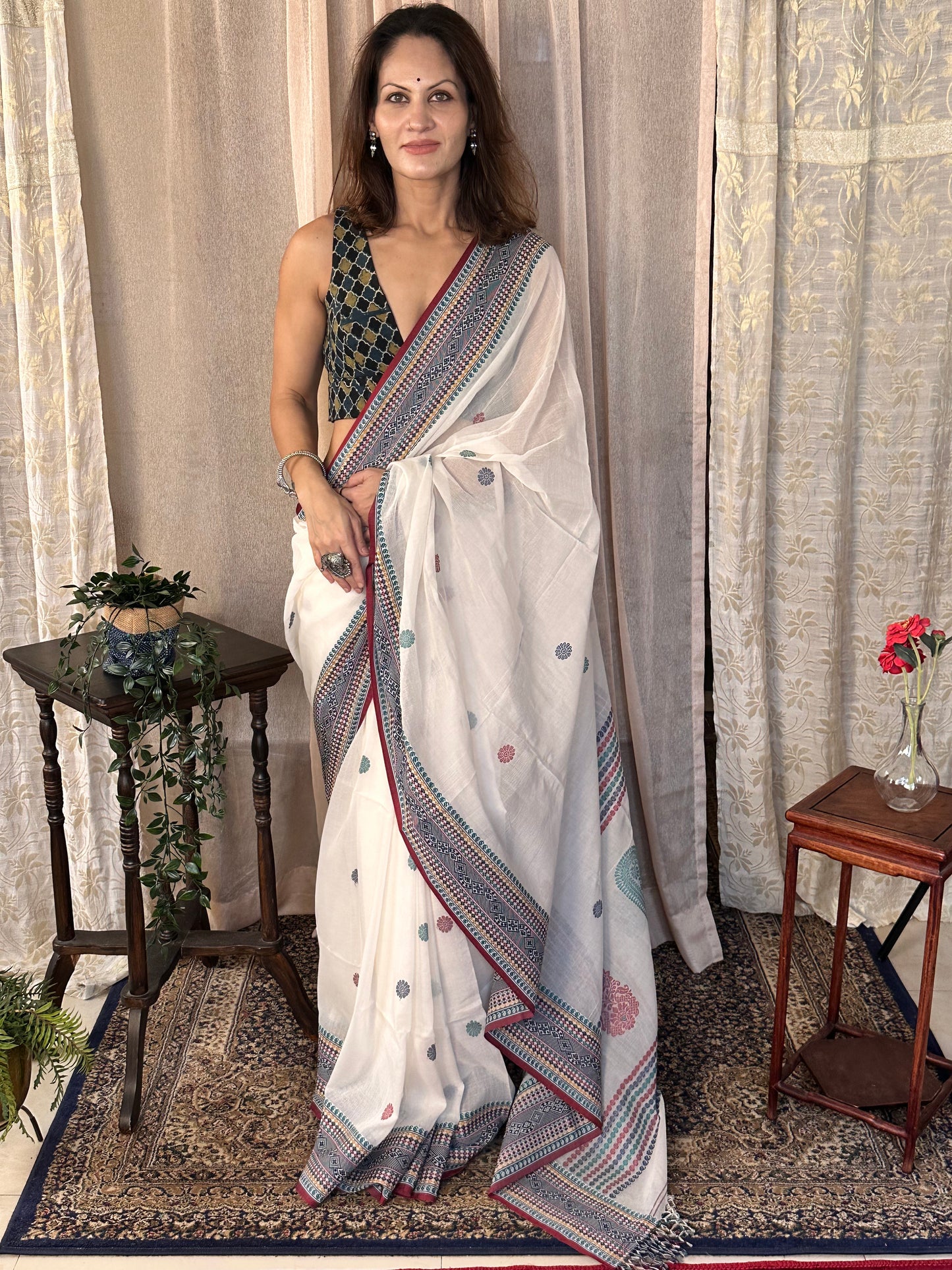 White Pure Cotton Baluchari Sari with Traditional Border, Butis, & Motifs - Raahini