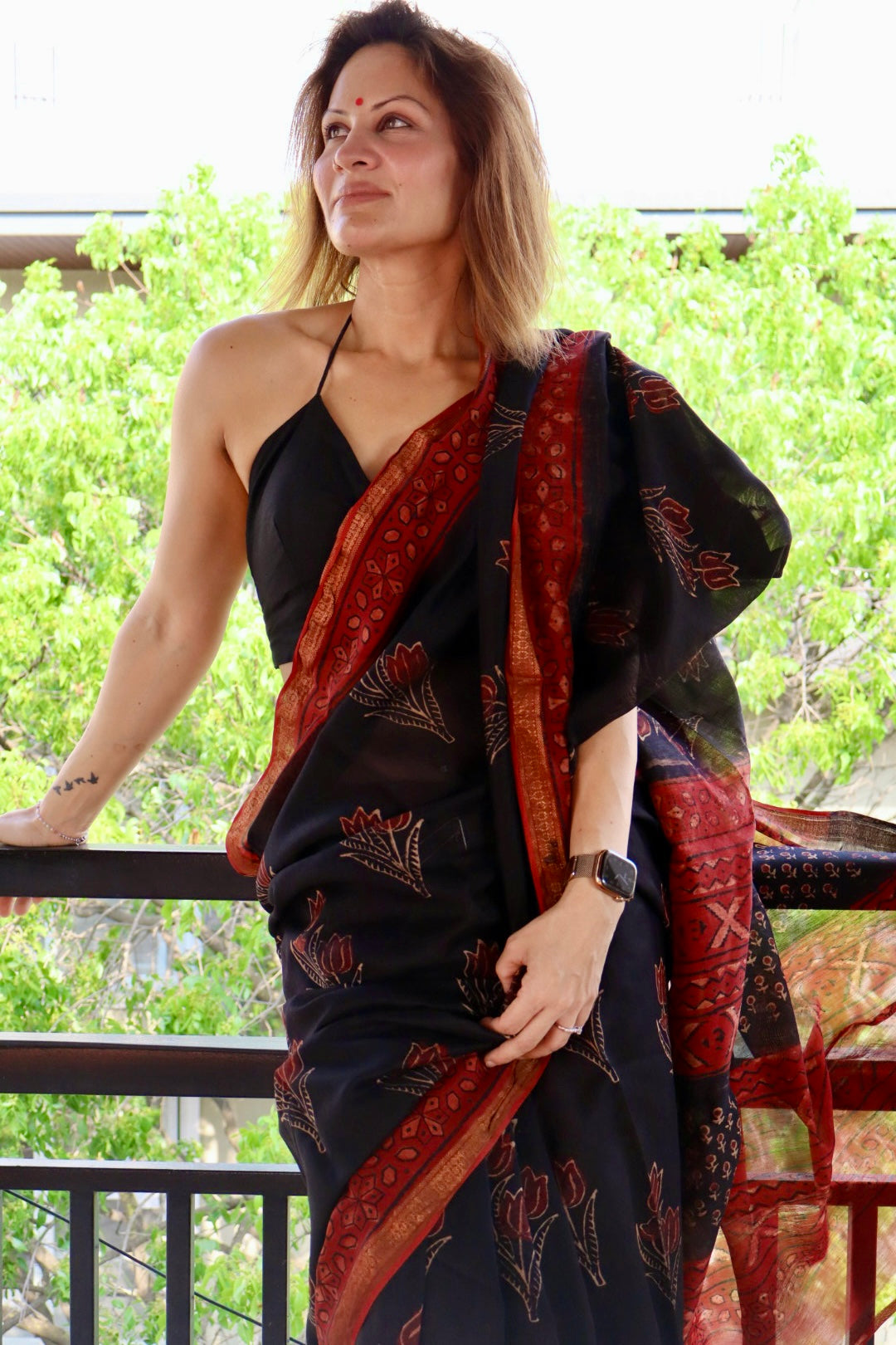 Black and Red Natural Vanaspati Block Print Maheshwari Sari with Zari Border