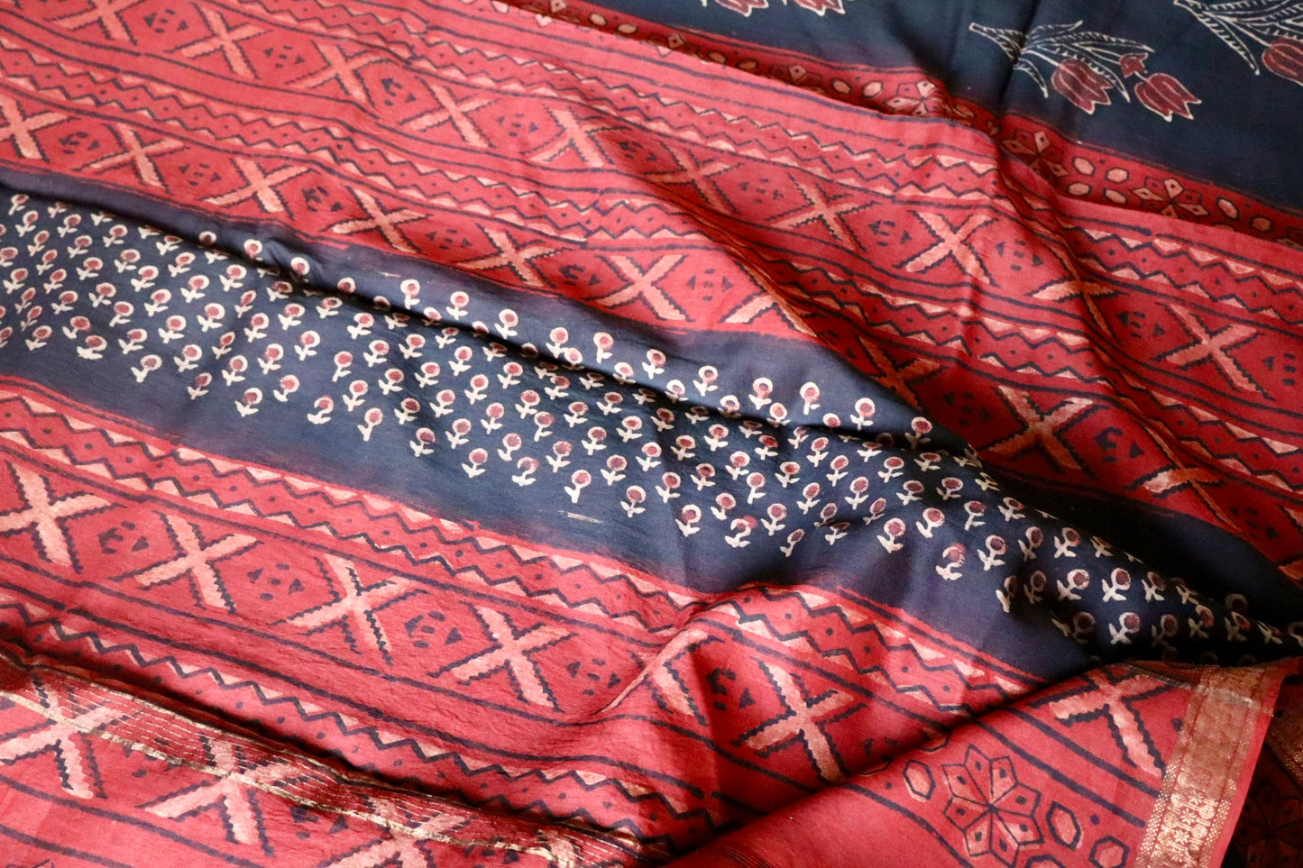 Black and Red Natural Vanaspati Block Print Maheshwari Sari with Zari Border