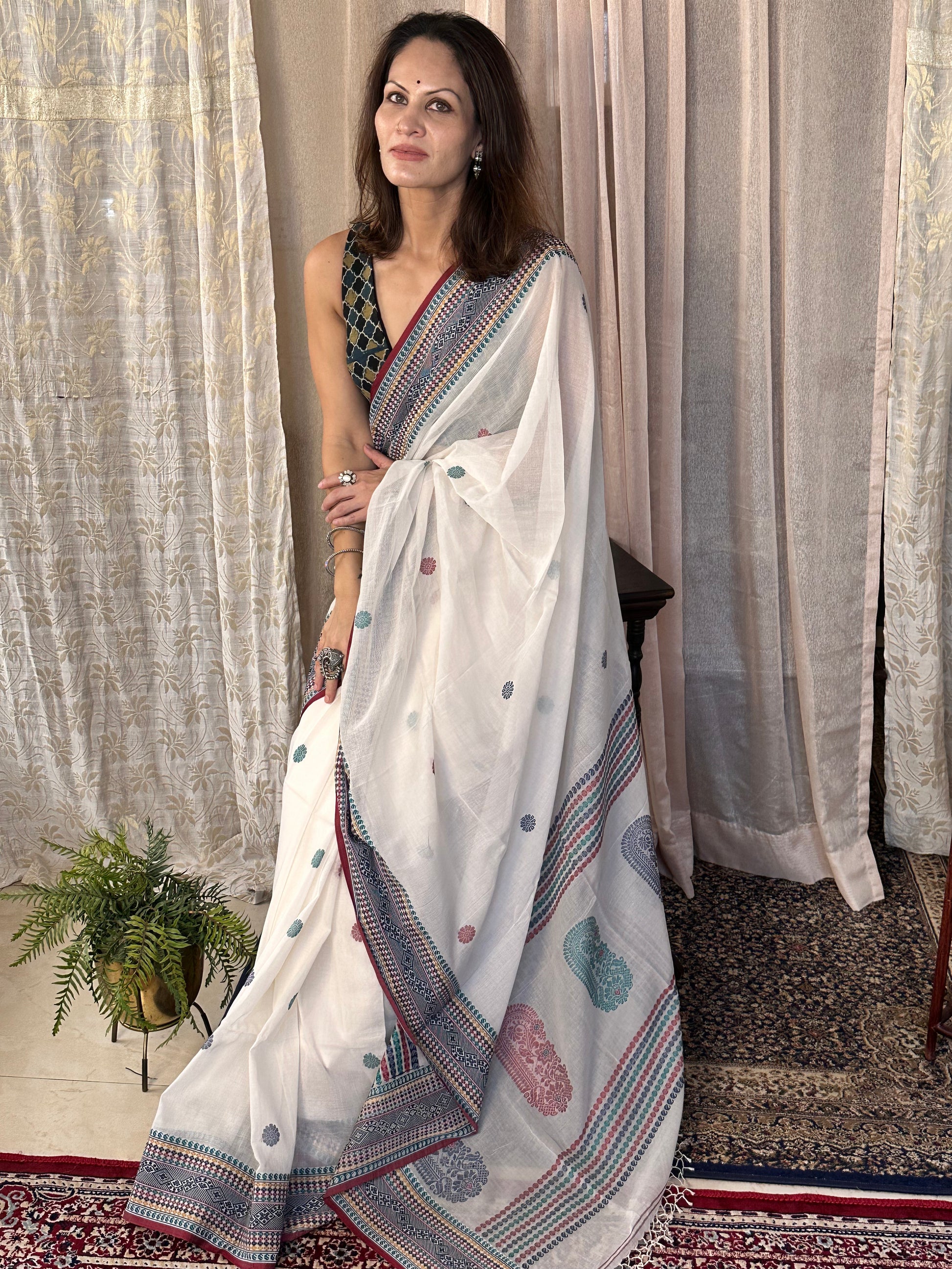 White Pure Cotton Baluchari Sari with Traditional Border, Butis, & Motifs - Raahini