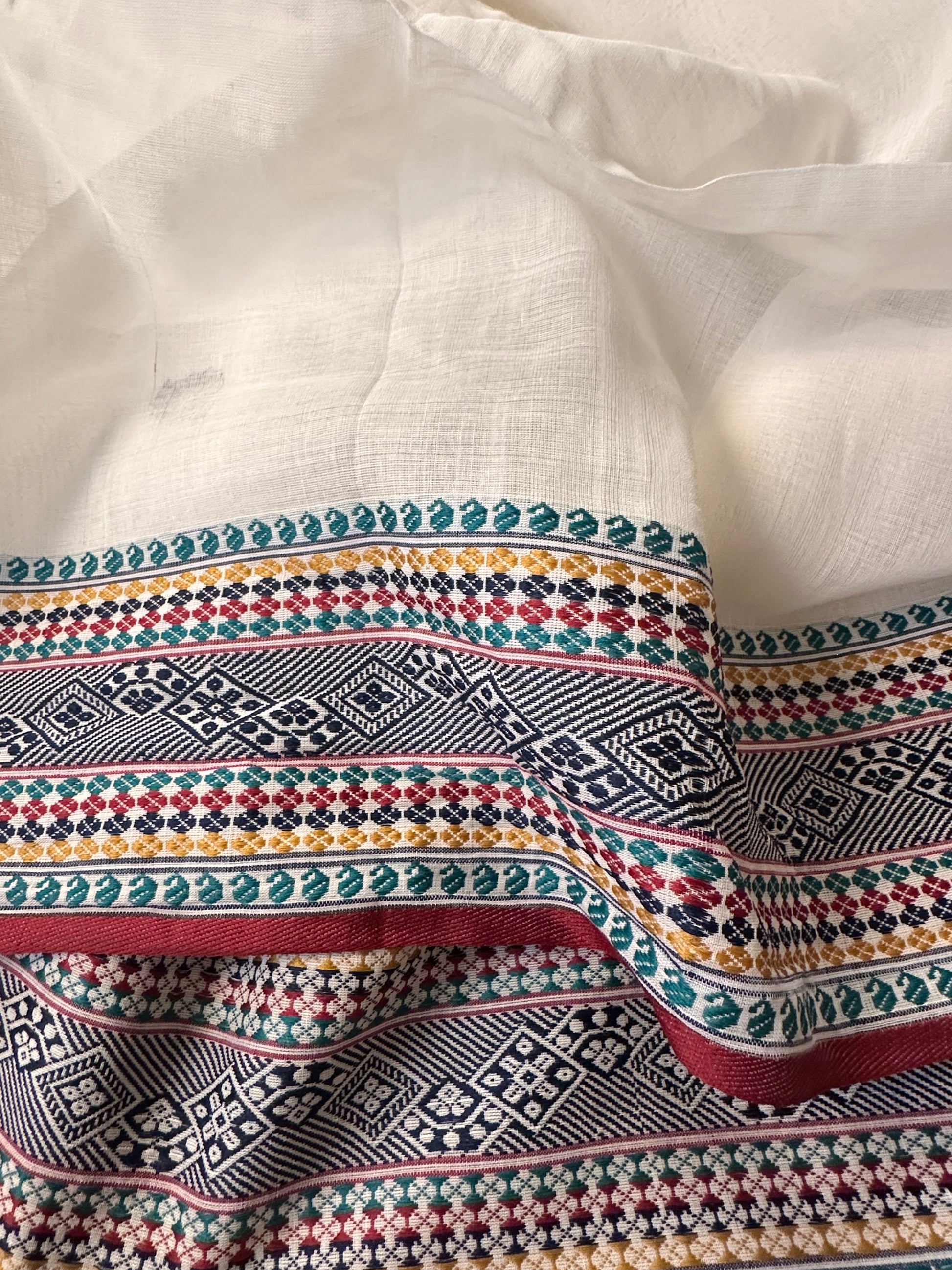 White Pure Cotton Baluchari Sari with Traditional Border, Butis, & Motifs - Raahini