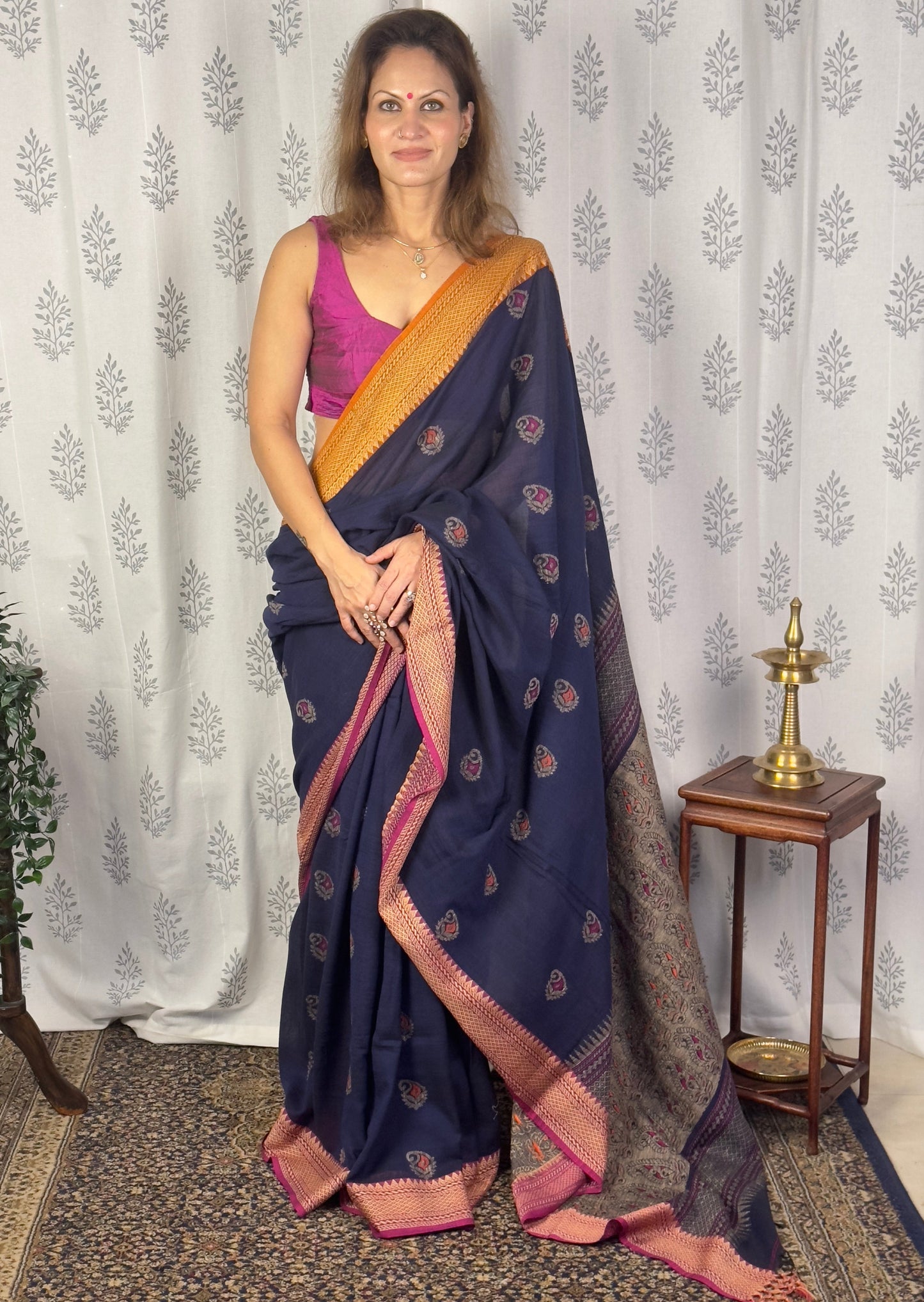 Blue Jacquard Border Woven Jamdani Sari with Weaving on Border & Pallu