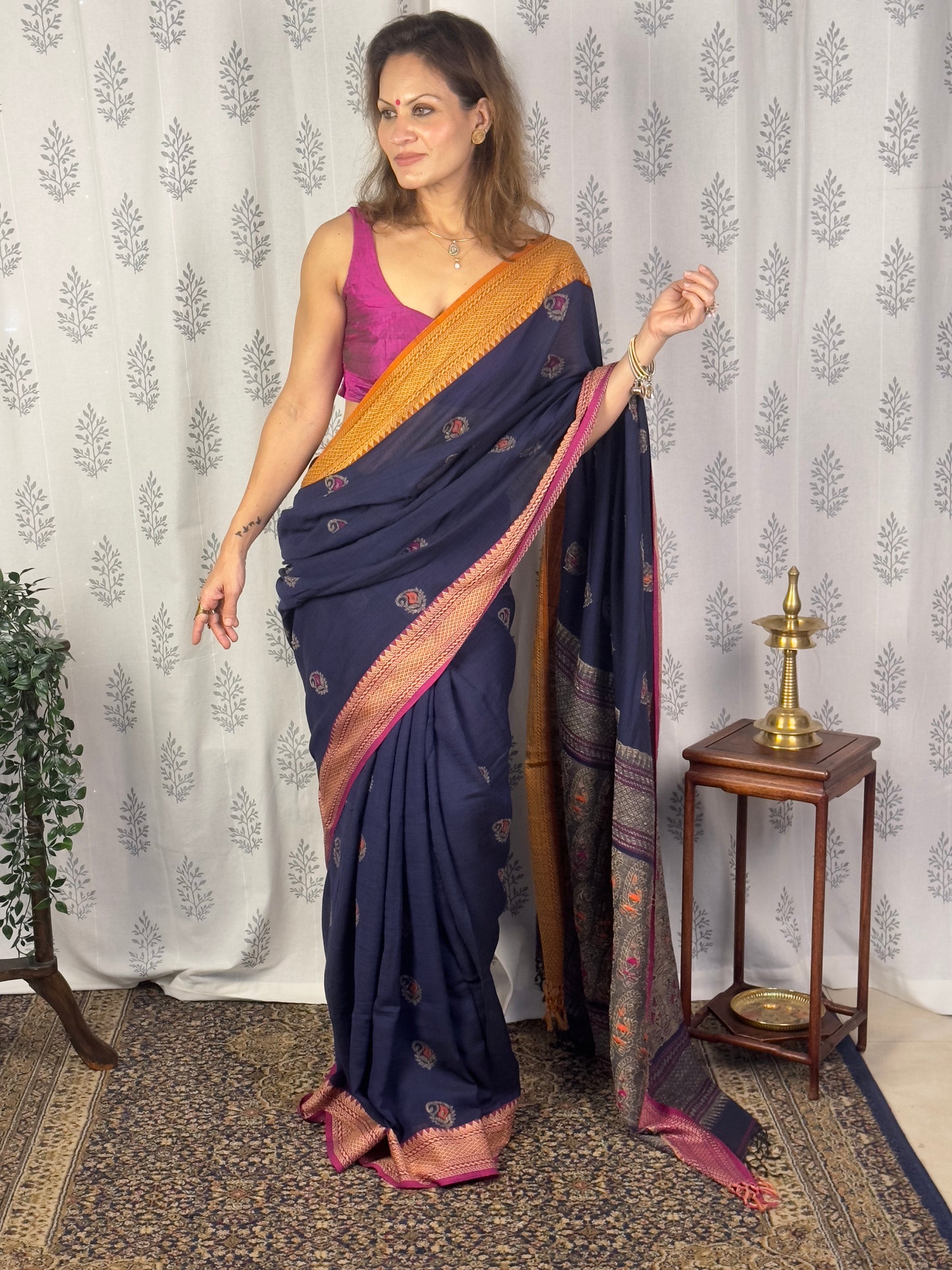 Blue Jacquard Border Woven Jamdani Sari with Weaving on Border & Pallu