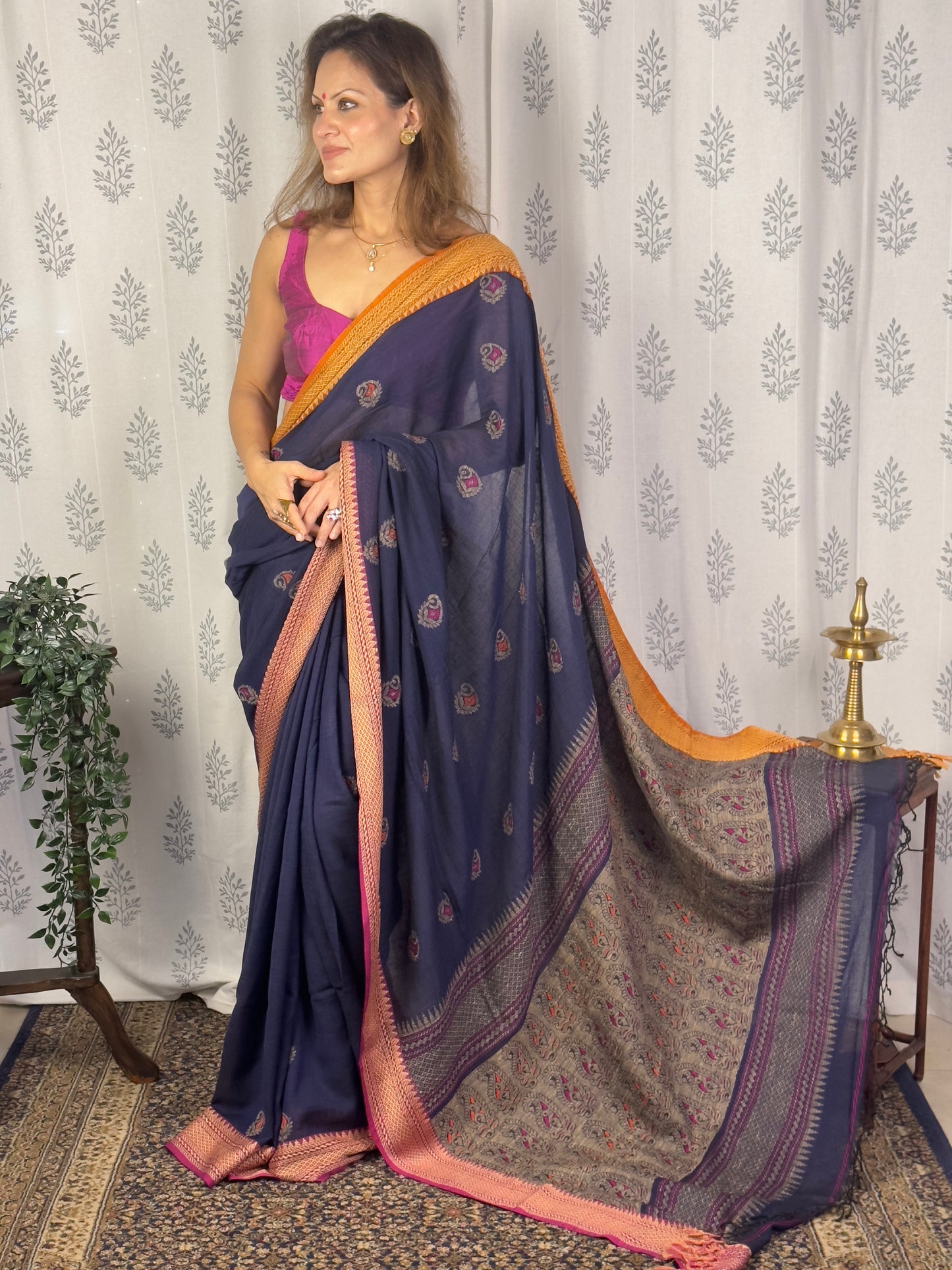 Blue Jacquard Border Woven Jamdani Sari with Weaving on Border & Pallu