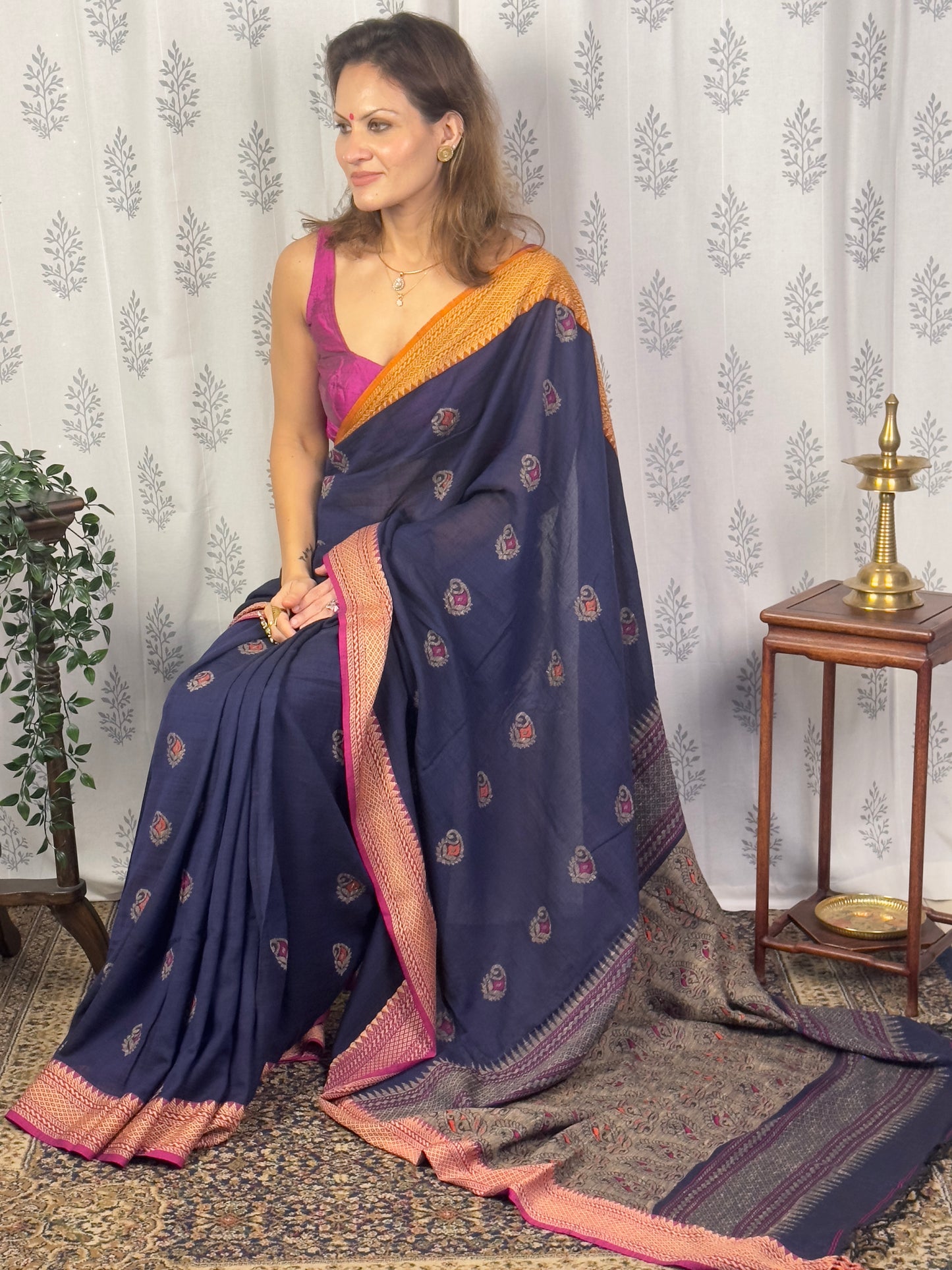 Blue Jacquard Border Woven Jamdani Sari with Weaving on Border & Pallu