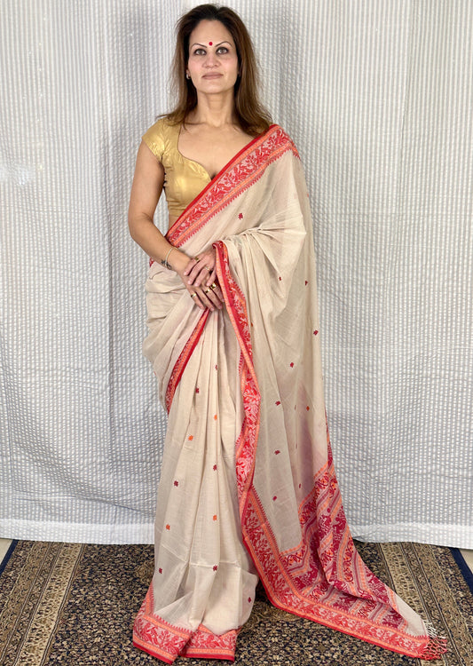 Cream Pure Cotton Baluchari Saree with Red Weaving