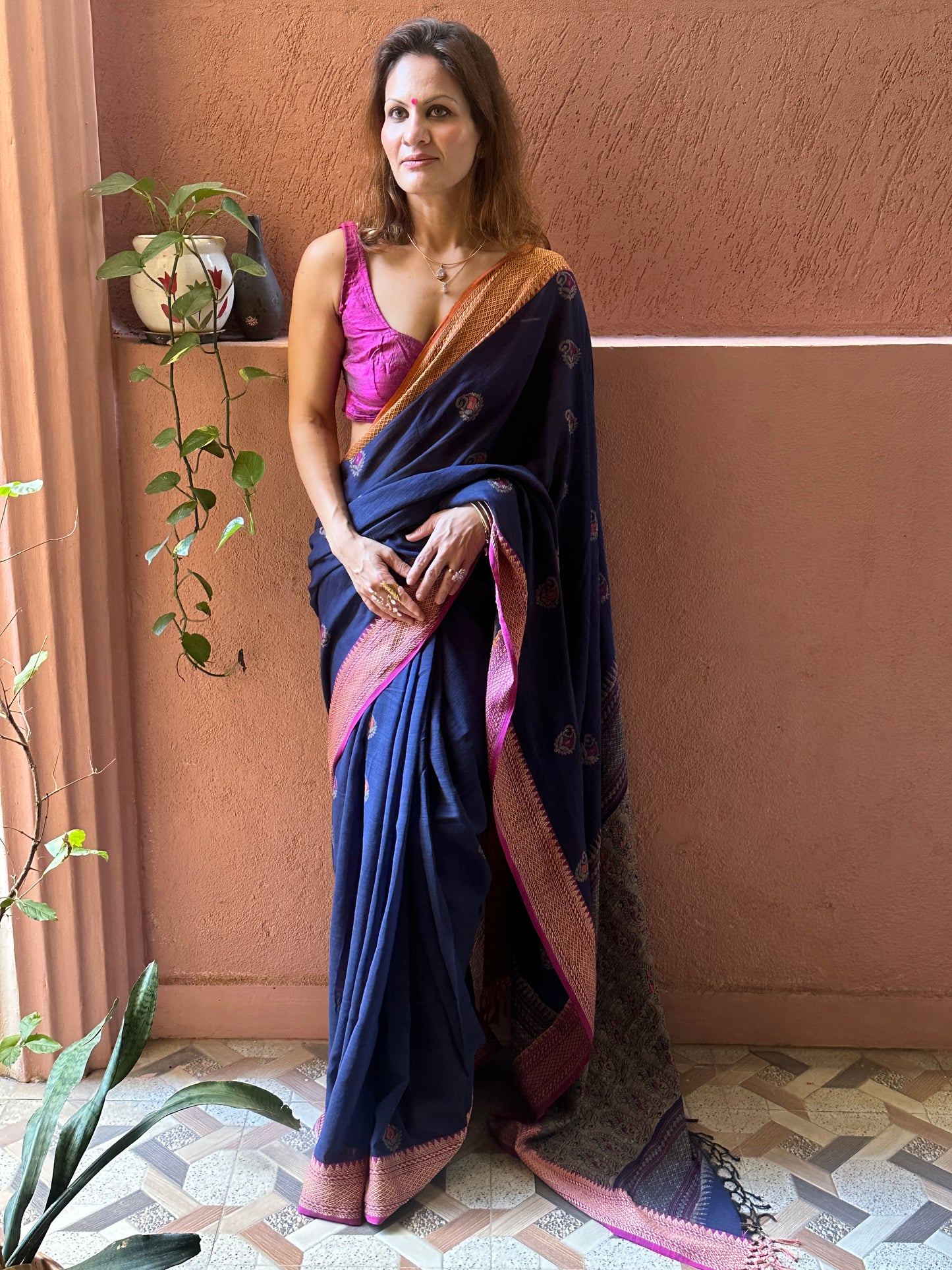 Blue Jacquard Border Woven Jamdani Sari with Weaving on Border & Pallu