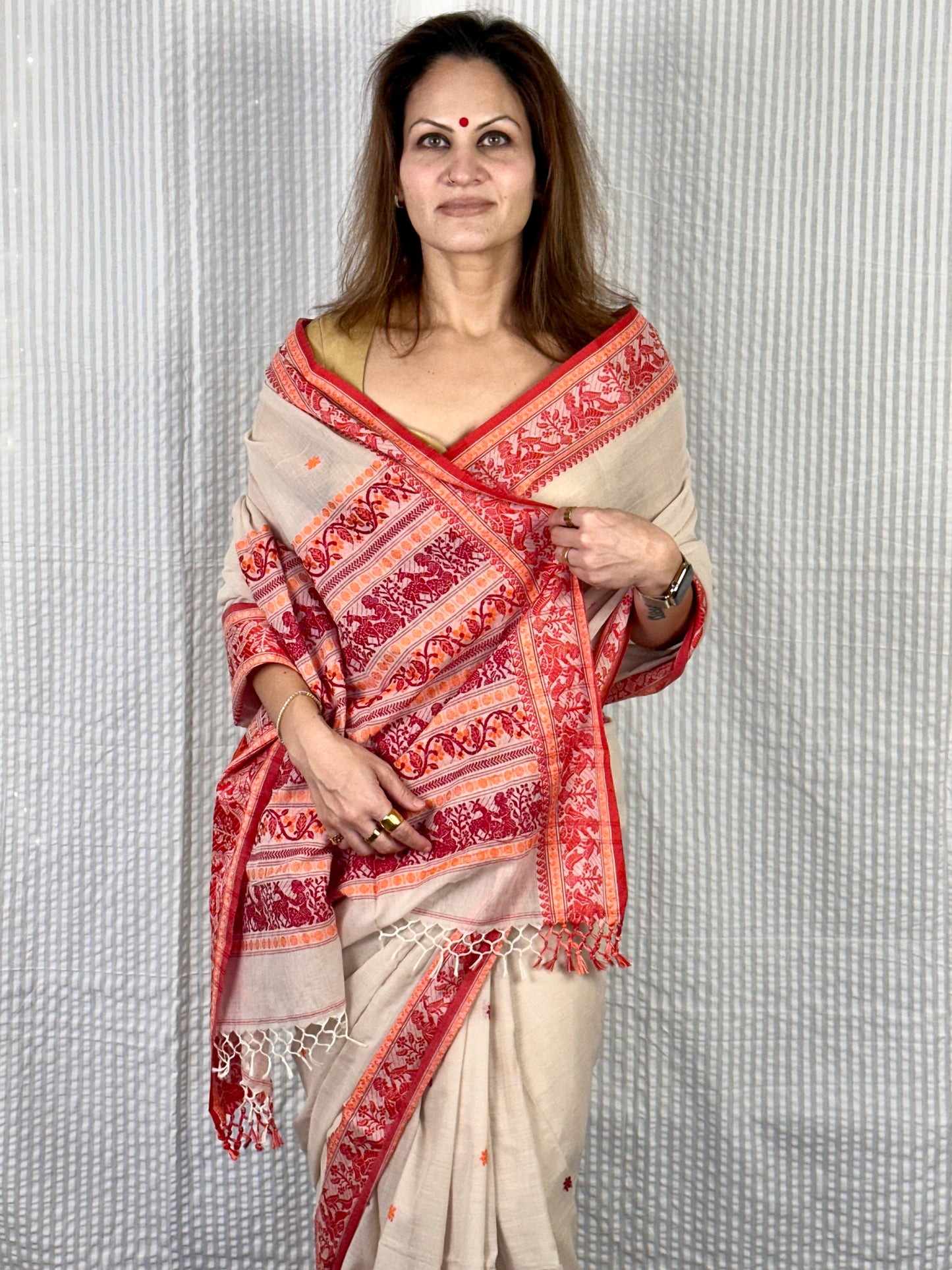 Cream Pure Cotton Baluchari Saree with Red Weaving