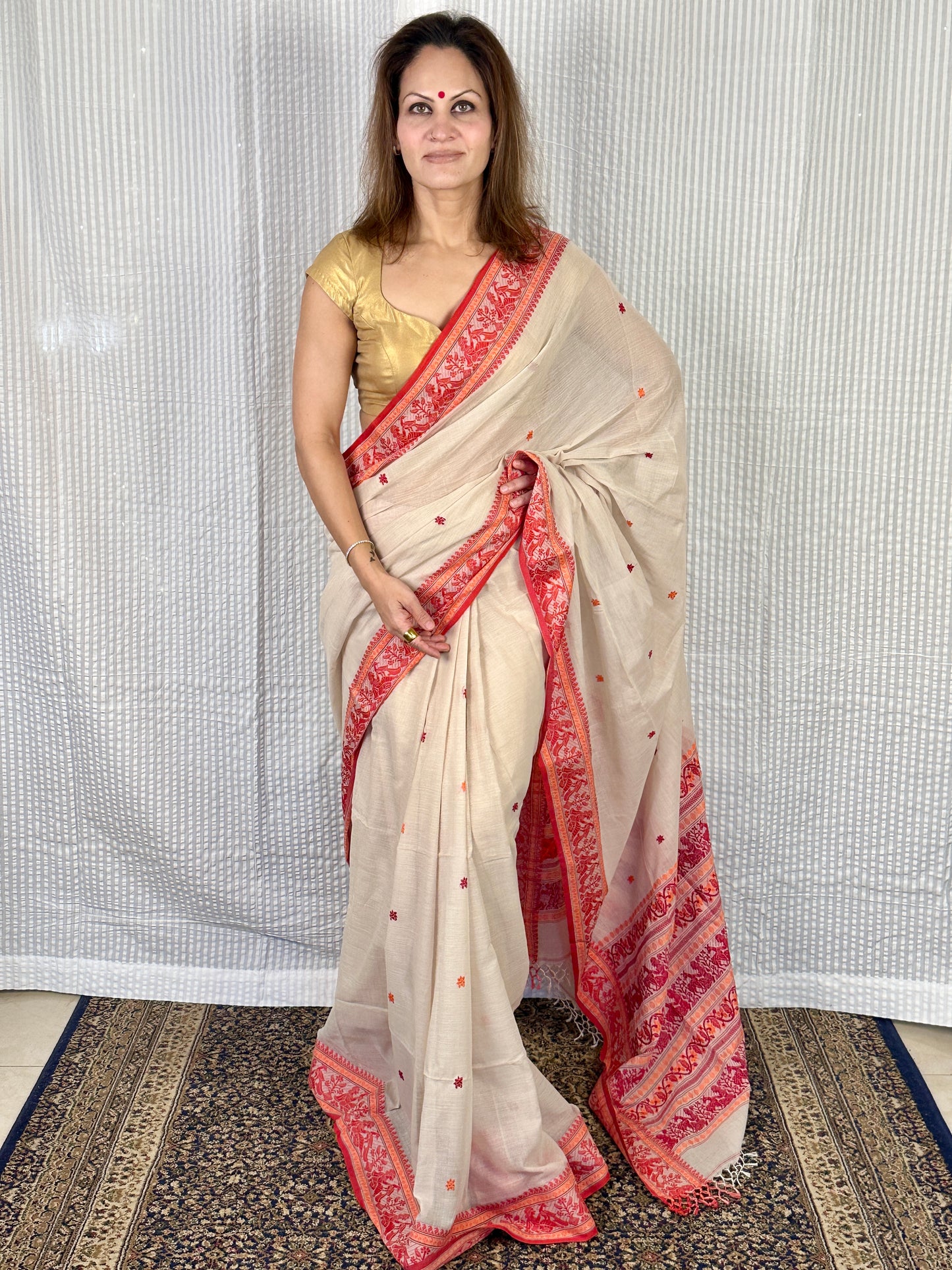 Cream Pure Cotton Baluchari Saree with Red Weaving