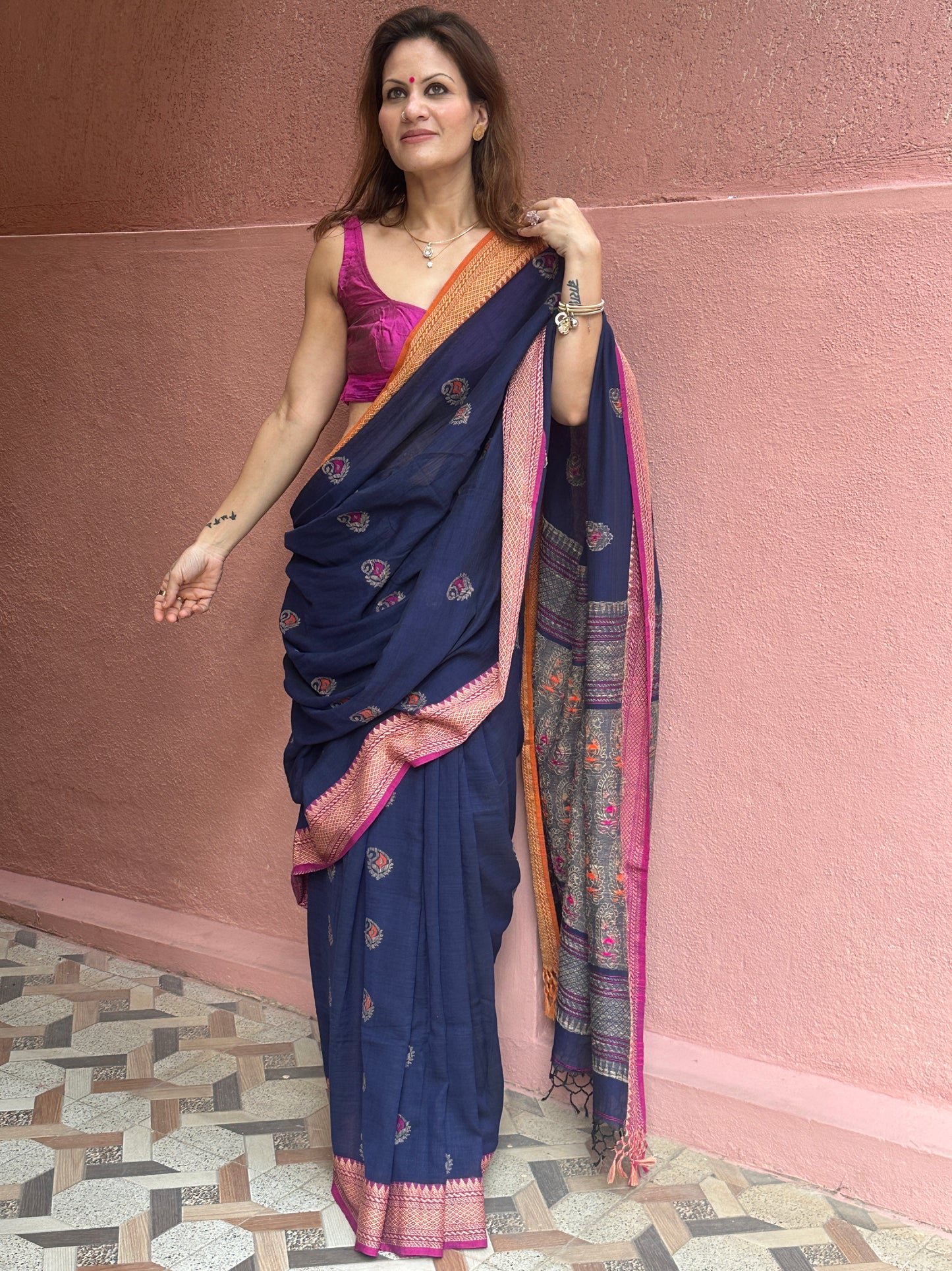 Blue Jacquard Border Woven Jamdani Sari with Weaving on Border & Pallu