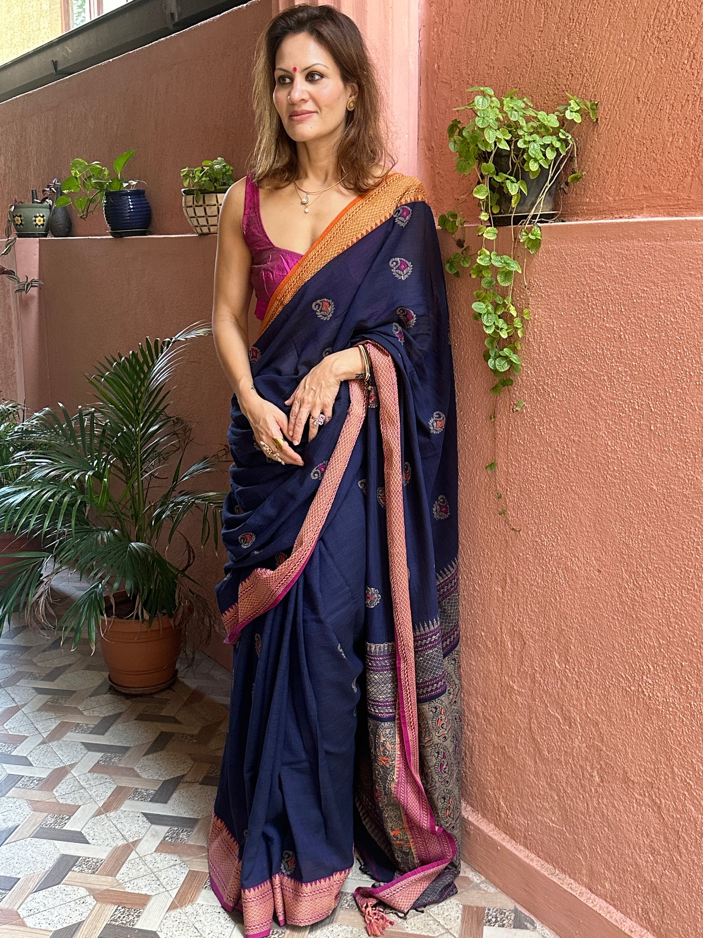 Blue Jacquard Border Woven Jamdani Sari with Weaving on Border & Pallu