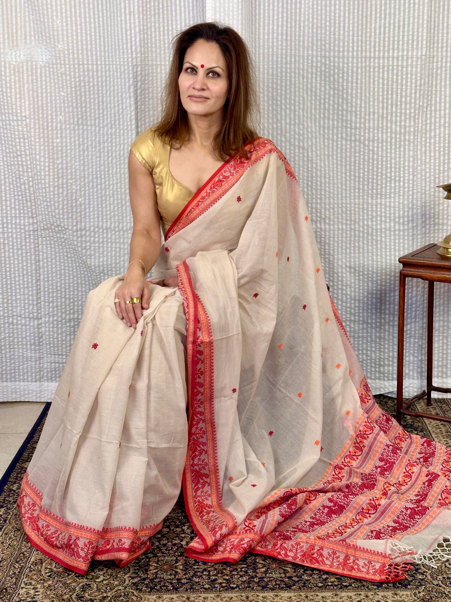 Cream Pure Cotton Baluchari Saree with Red Weaving