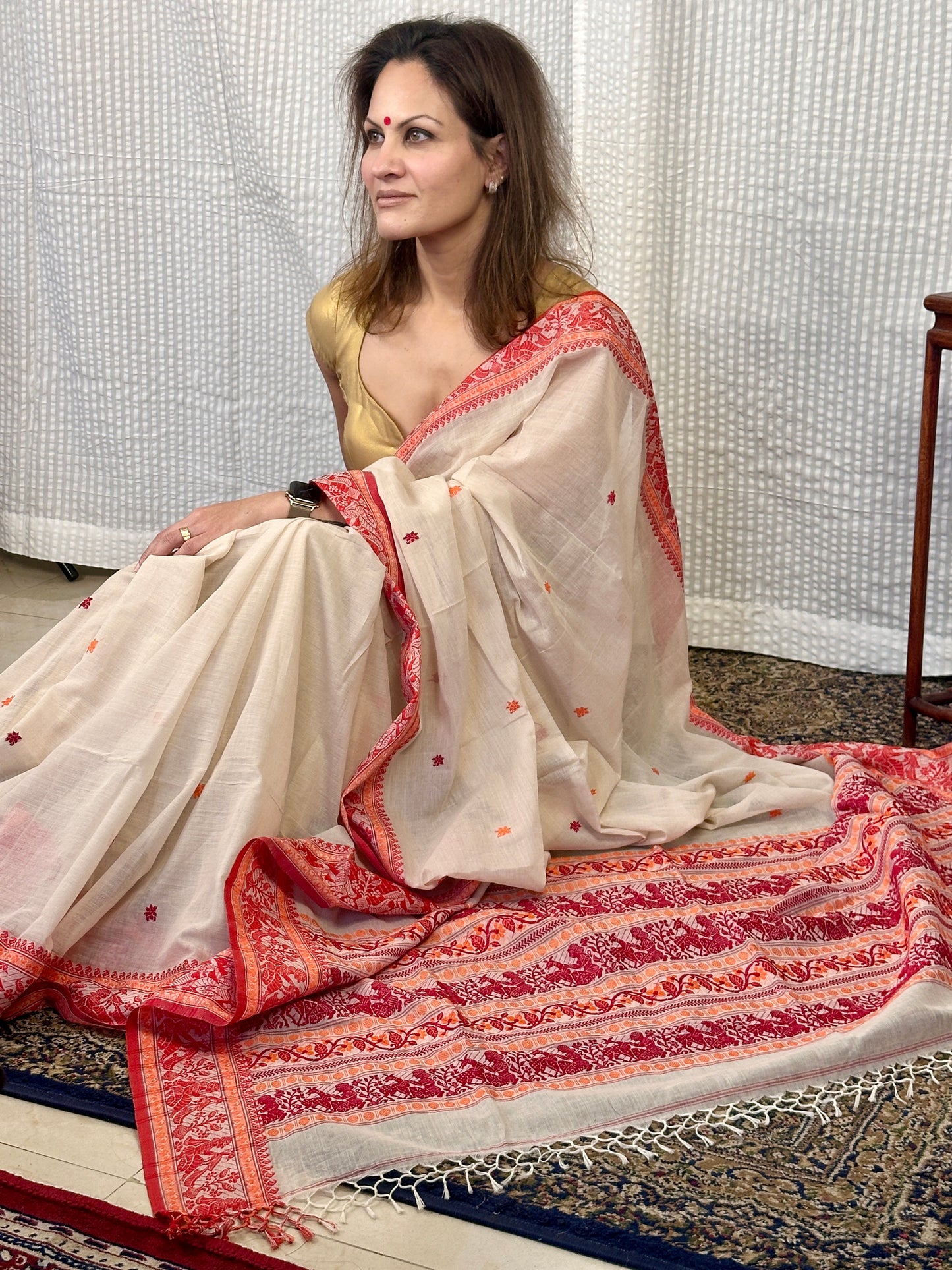 Cream Pure Cotton Baluchari Saree with Red Weaving