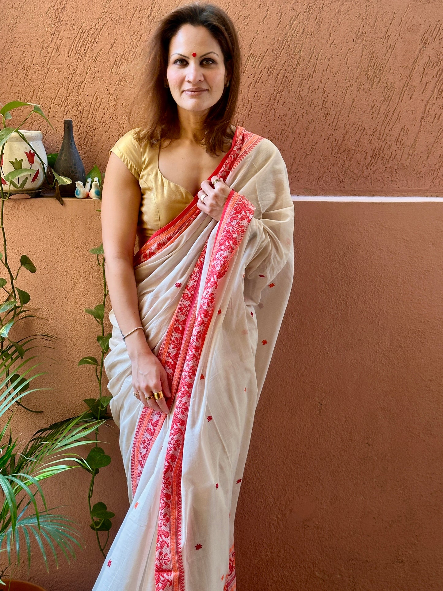 Cream Pure Cotton Baluchari Saree with Red Weaving