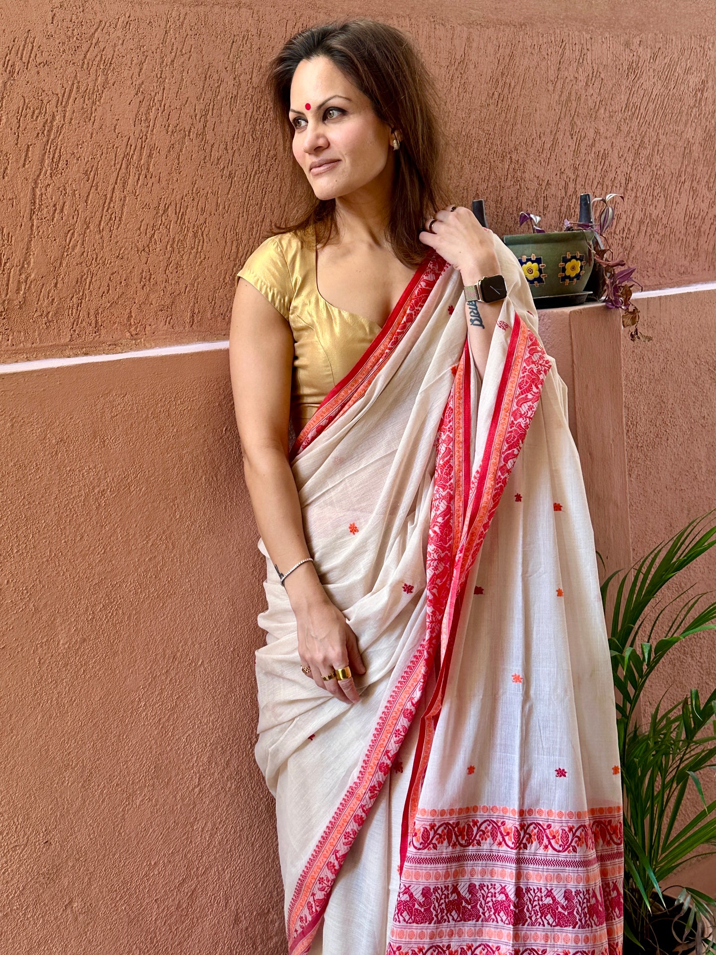 Cream Pure Cotton Baluchari Saree with Red Weaving