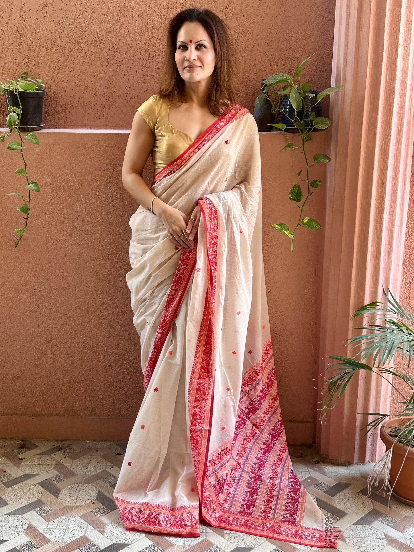 Cream Pure Cotton Baluchari Saree with Red Weaving