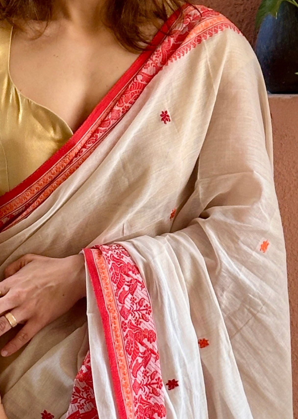 Cream Pure Cotton Baluchari Saree with Red Weaving