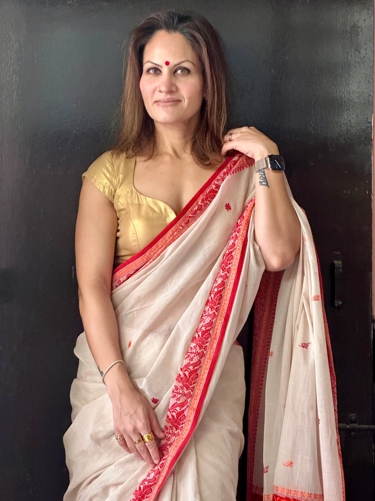 Cream Pure Cotton Baluchari Saree with Red Weaving
