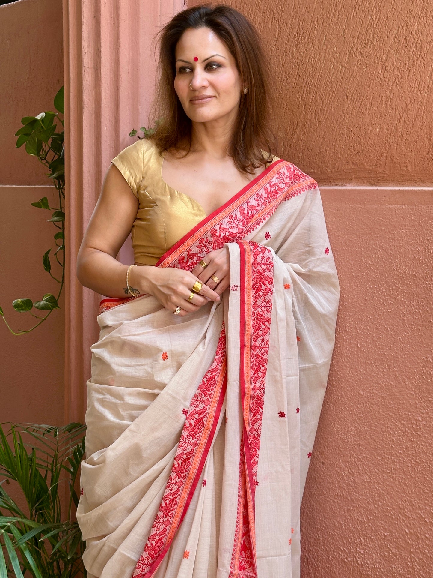 Cream Pure Cotton Baluchari Saree with Red Weaving